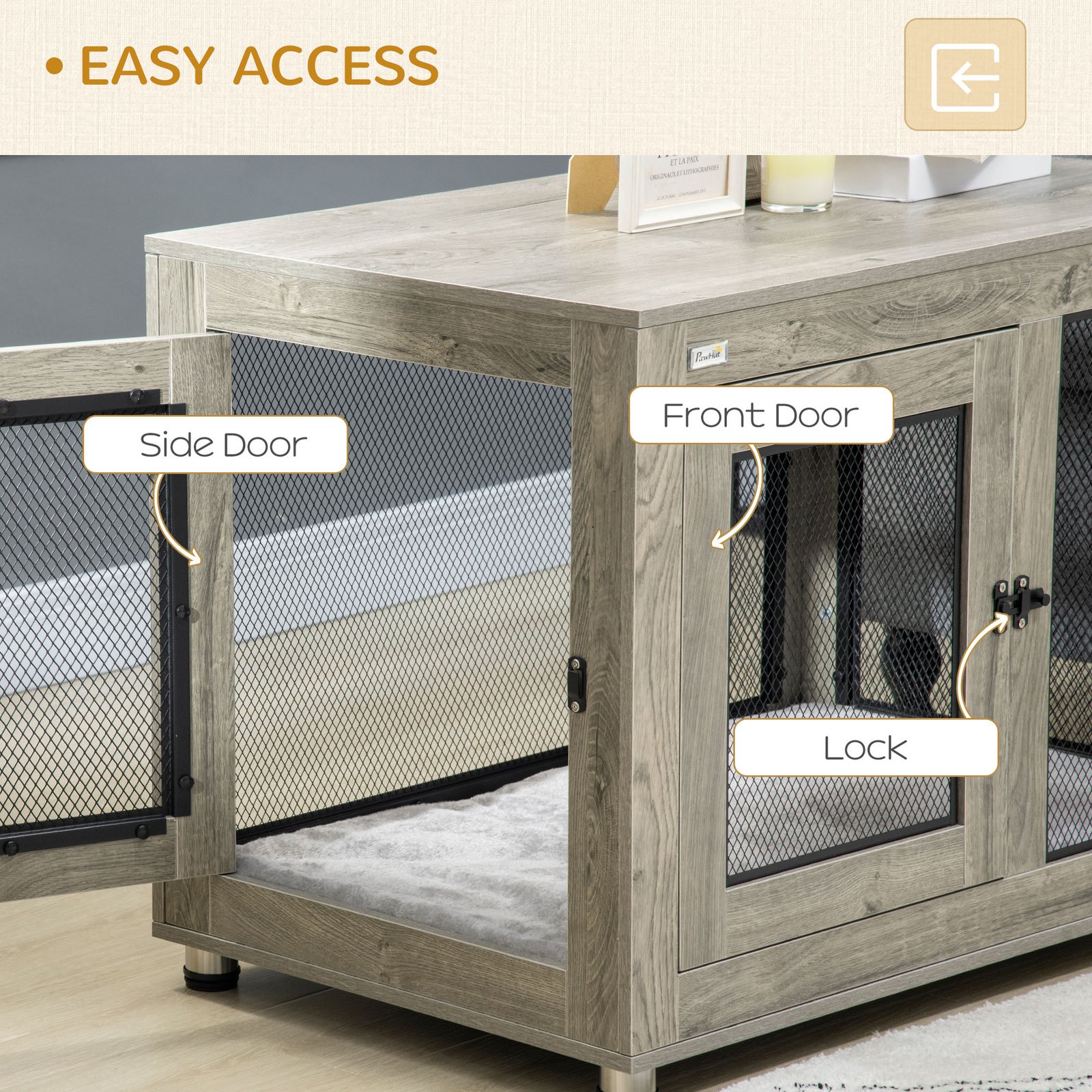 2-in-1 Dog Cage & Side Table, with Two Doors, Cushion, for Large Dogs