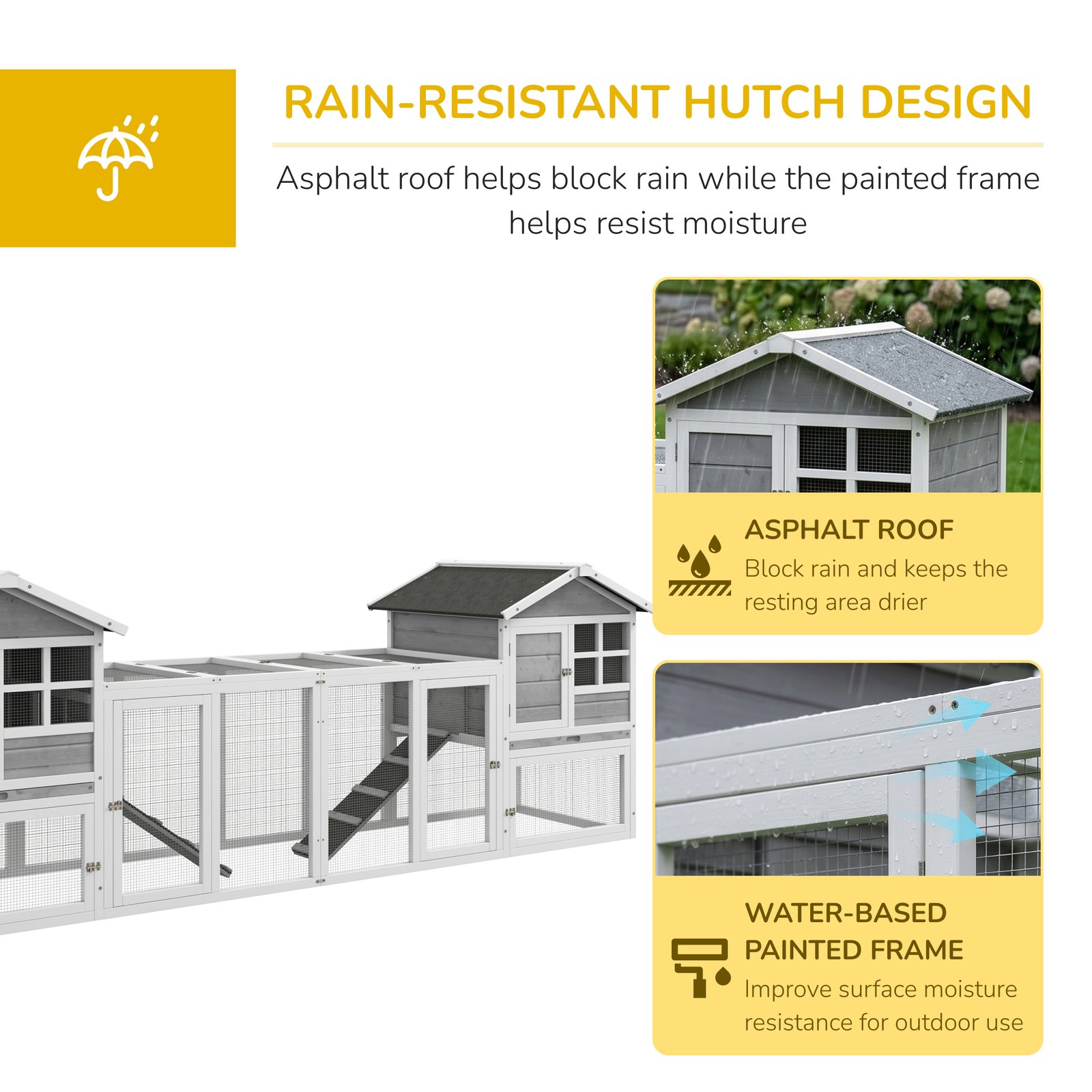 2 in 1 Rabbit Hutch Outdoor Guinea Pig Hutch Bunny Run Double Main House with Run, No-Leak Tray 259 x 64 x 92cm, Grey - Image 7