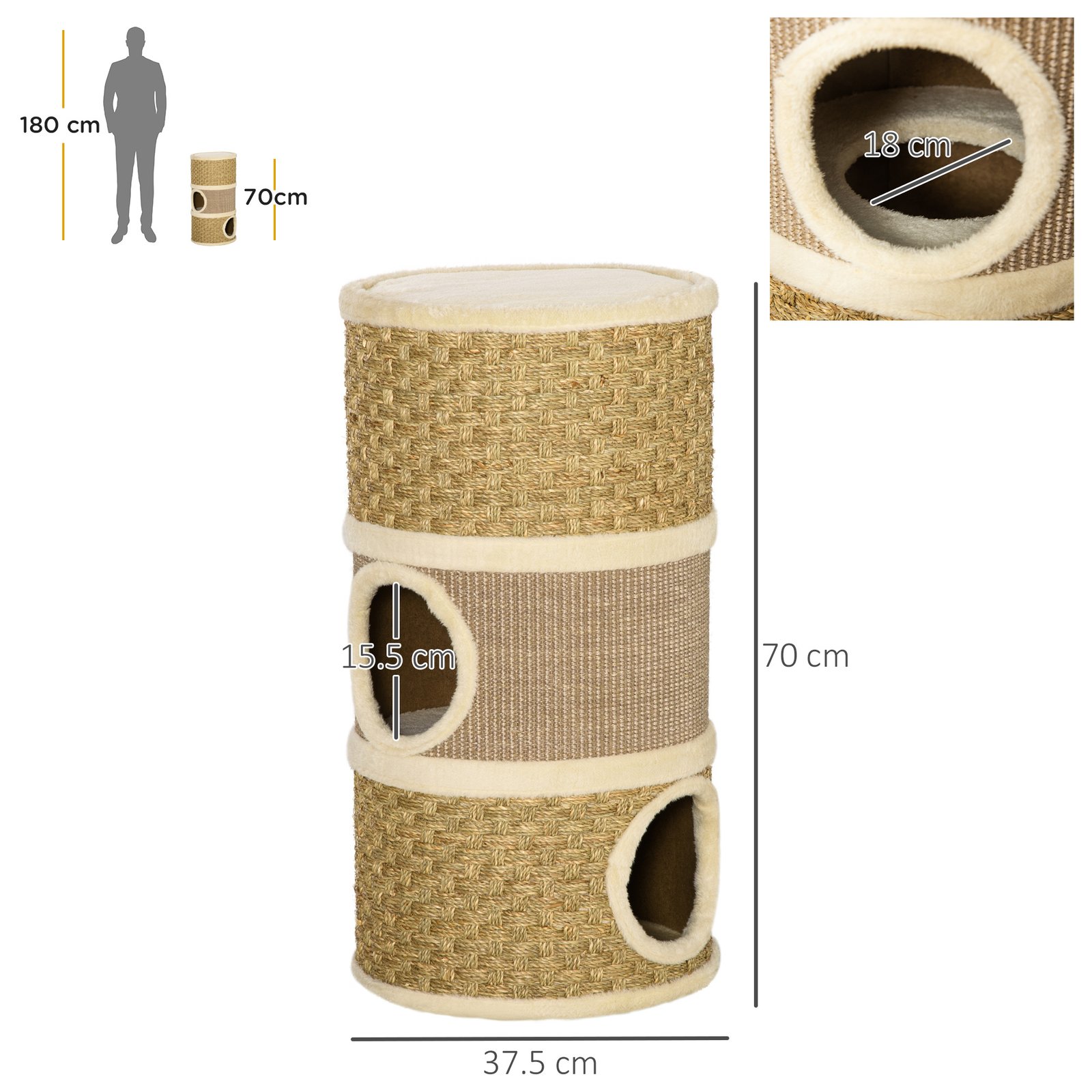 Cat Scratching Barrel Kitten Tree Tower for Indoor Cats Pet Furniture Climbing Frame Covered with Sisal and Seaweed Rope Cozy Platform Soft Plush - Image 3