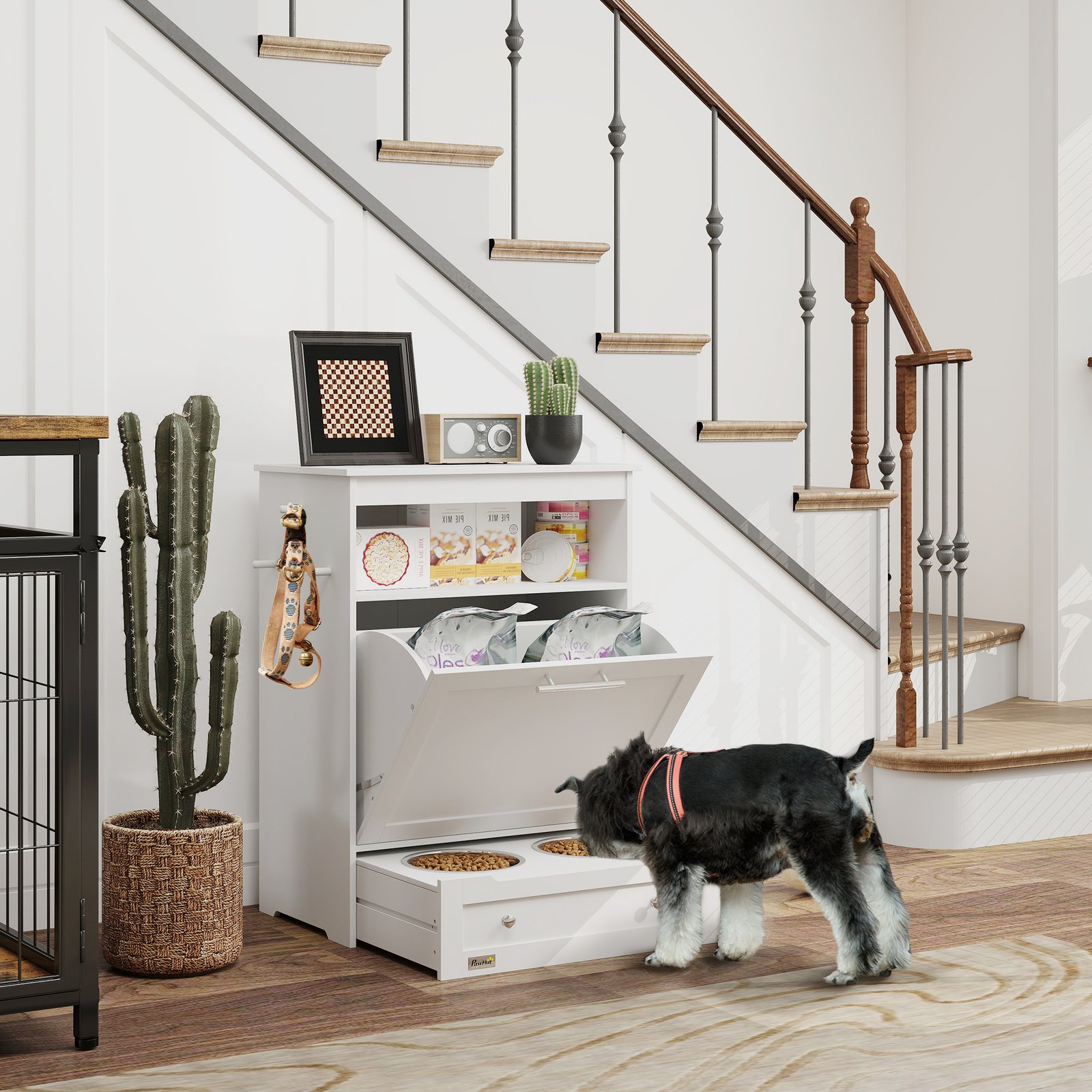 Pet Feeder Station, Dog, Cat Storage Container, with Raised Bowls, Hanger, Cabinet - White - Image 9