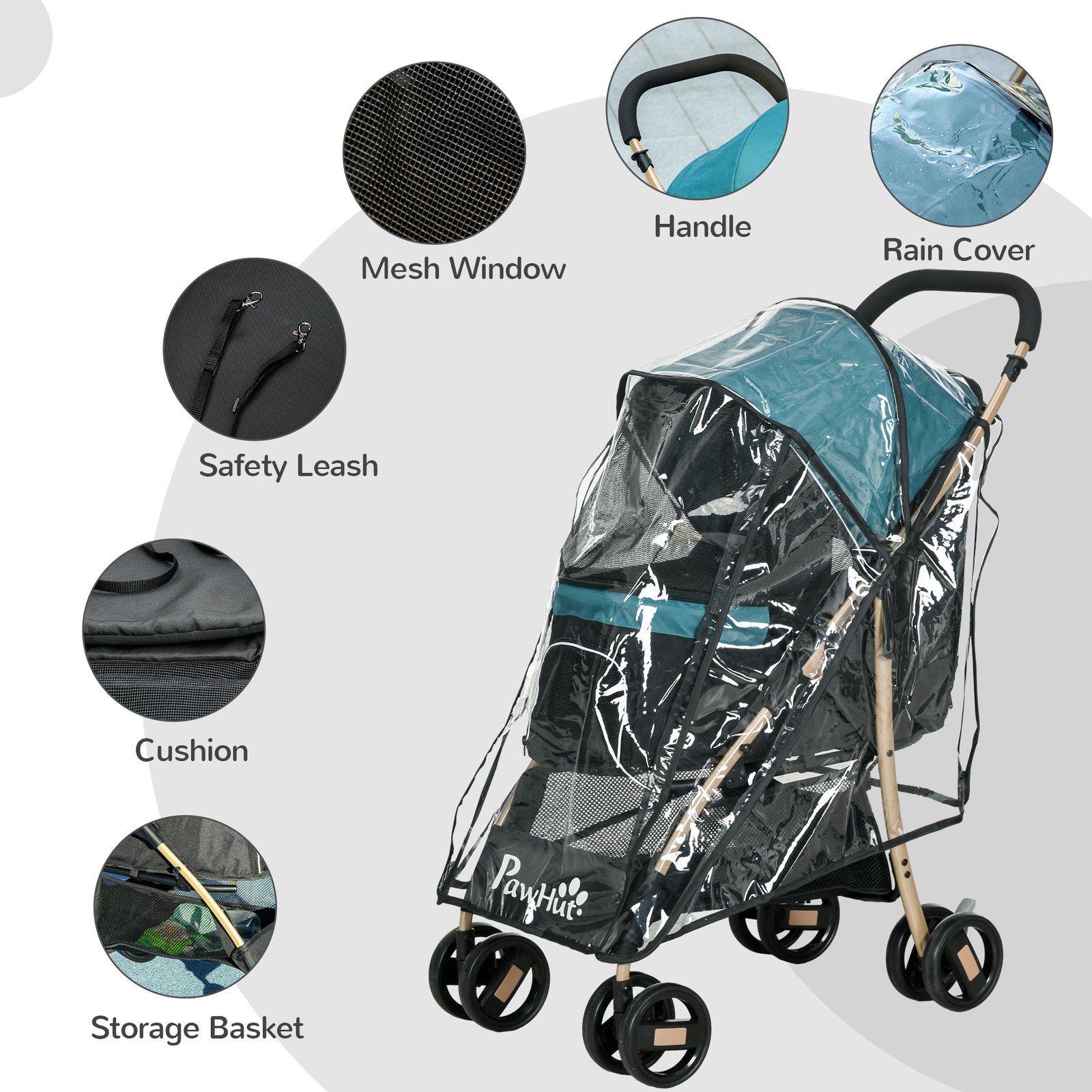 Pet Stroller for Small and Miniature Dogs, with Rain Cover - Dark Green - Image 7