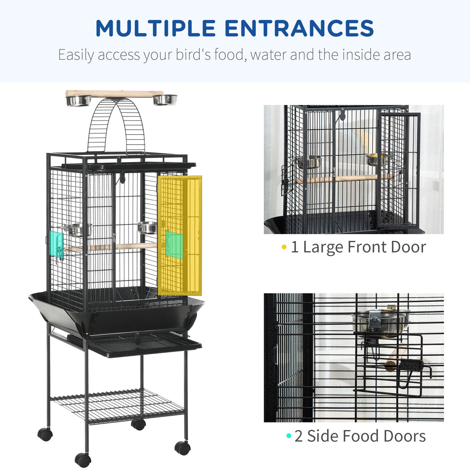 156cm Bird Cage, Parrot Cage with Open Play Top, Perch, Seed Guard, Wheels, Storage Shelf, Dark Grey