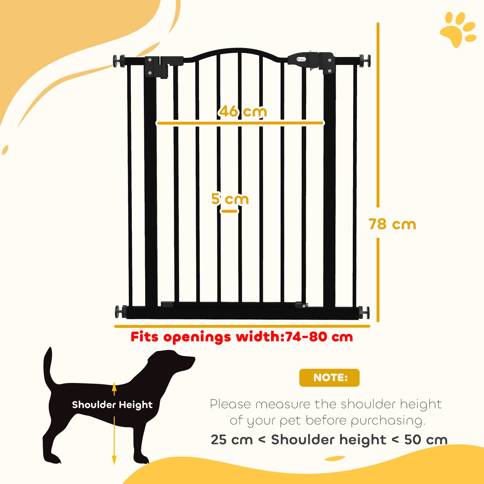 Metal 74-80cm Adjustable Pet Gate Safety Barrier w/ Auto-Close Door Black