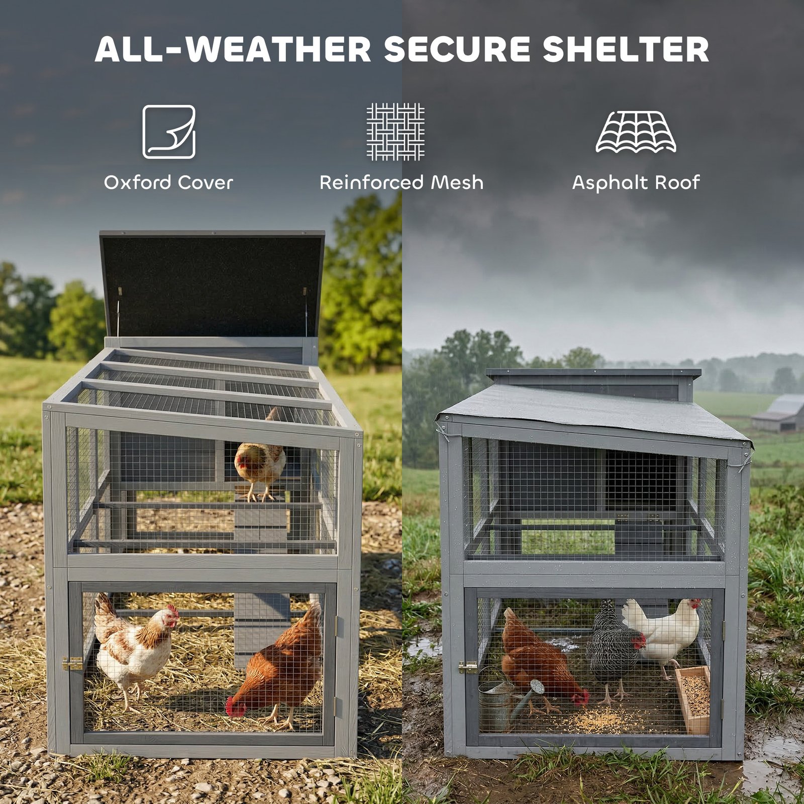 Large Chicken Coop, Wooden Hen House with Covered Run, Nesting Box, Pull-Out Tray, Opening Asphalt Roof