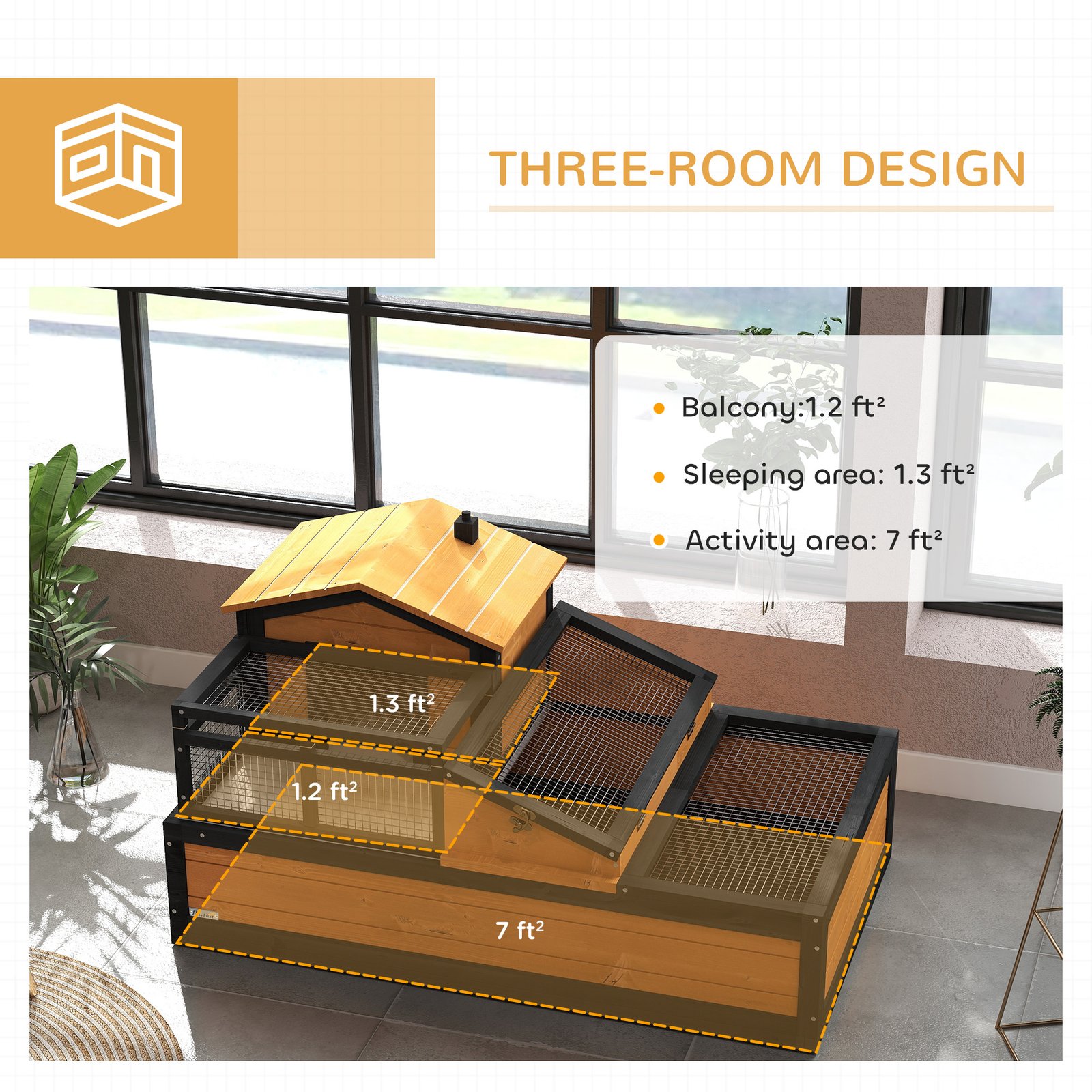 Wooden Tortoise House with Balcony, Tray, Roof, for Indoor and Outdoor, Yellow - Image 4