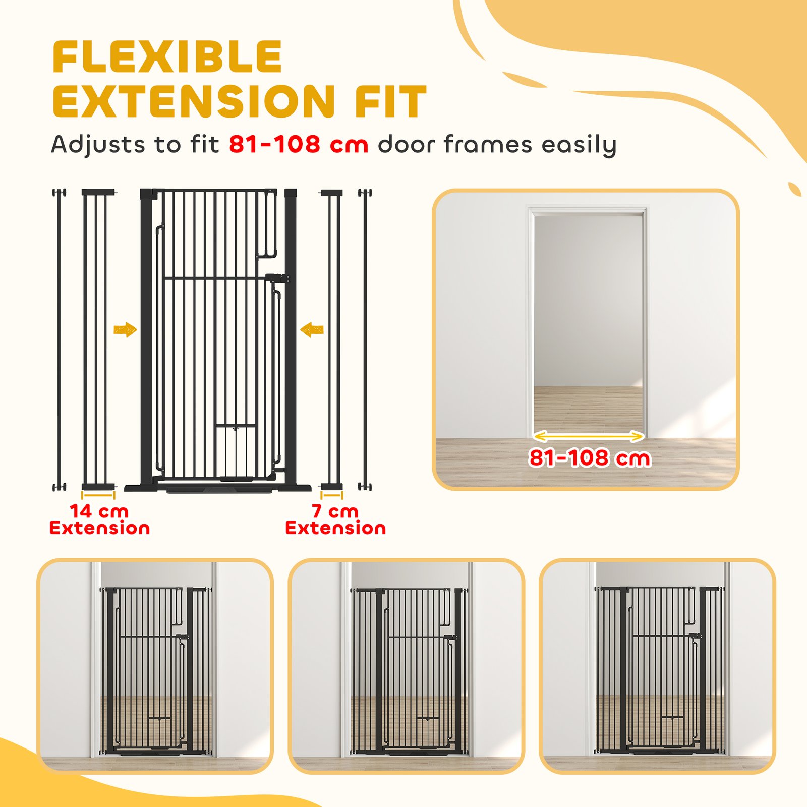 135cm Extra Tall Dog Gate with Cat Door, Fits Openings 81-108 cm Pressure Mounted for Doorways, Hallways, No Drilling
