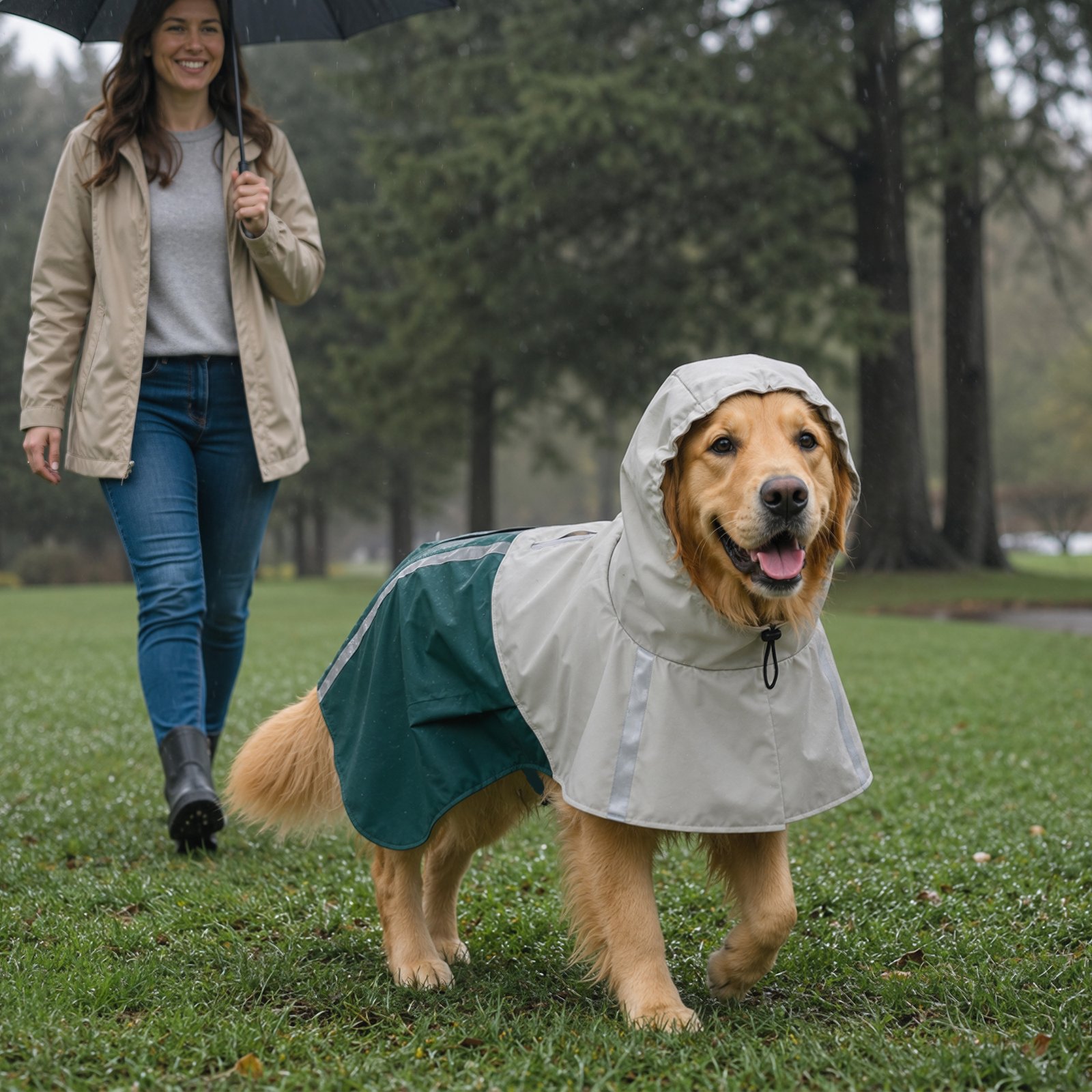 Dog Raincoat with Hood, Waterproof & Breathable Rain Jacket with Leash Hole, for Large Dogs, Green, L