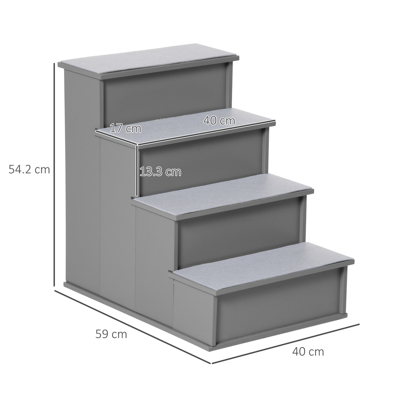 4 Step Dog Steps for Bed, Wooden Dog Steps for Sofa, Pet Stairs for Bed Couch with Non-Slip Carpet for Cats and Puppies, 40 x 59 x 54.2 cm, Grey