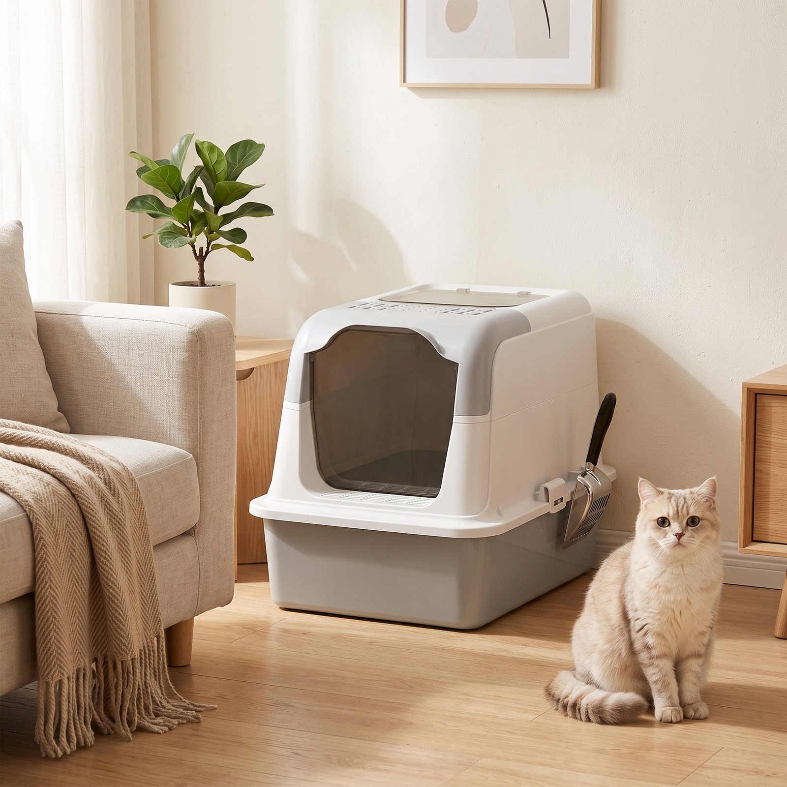 Extra Large Stainless Steel Litter Box, Enclosed Cat Litter Tray with Scoop, Deodorizer Bag, Front-Entry and Top-Exit