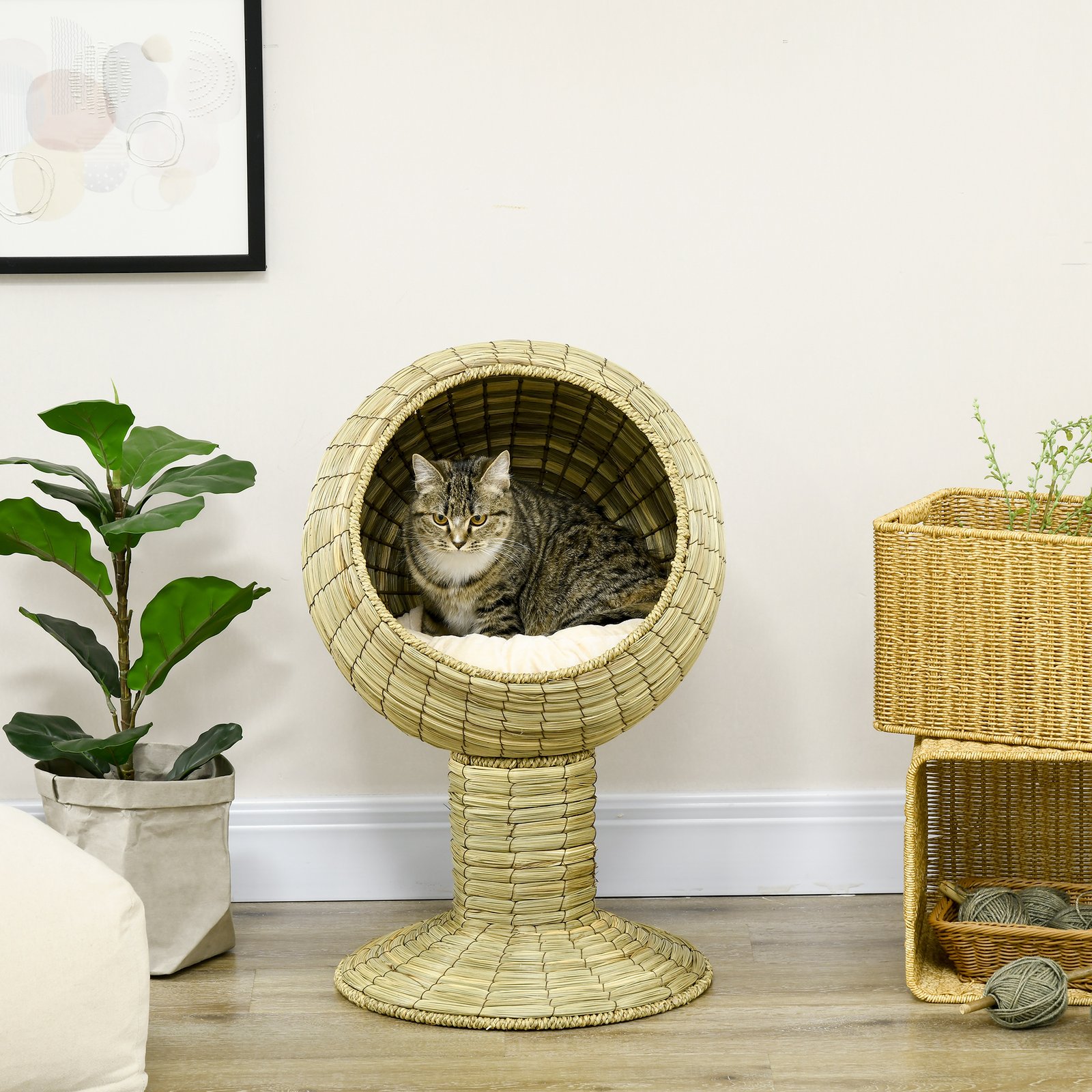 Raised Detachable Cat house, Natural Mat Grass Cat Bed, with Cushion