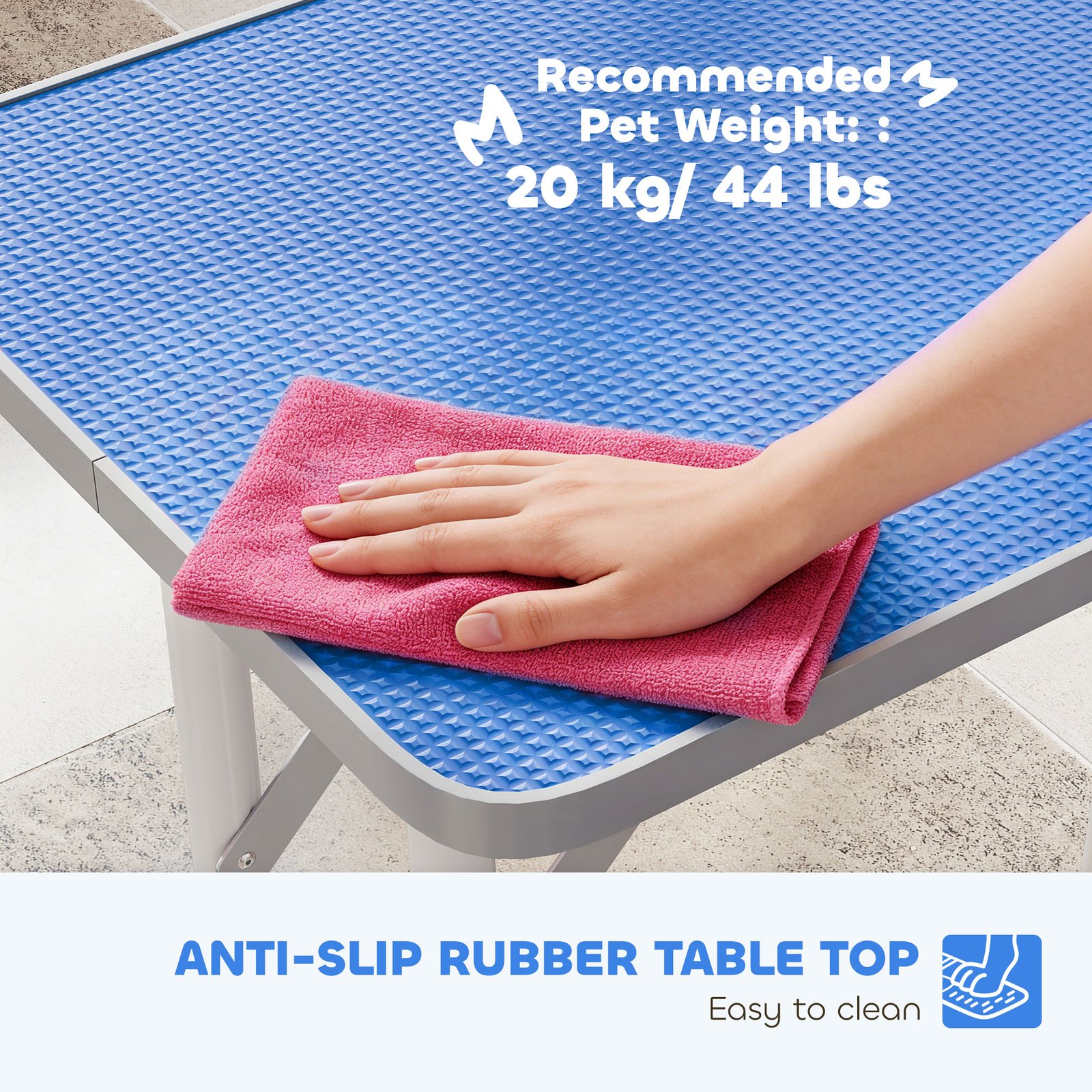 32" Foldable Dog Grooming Table Pet Drying Beauty Table Adjustable Fixed Arm Rubber Top, Blue