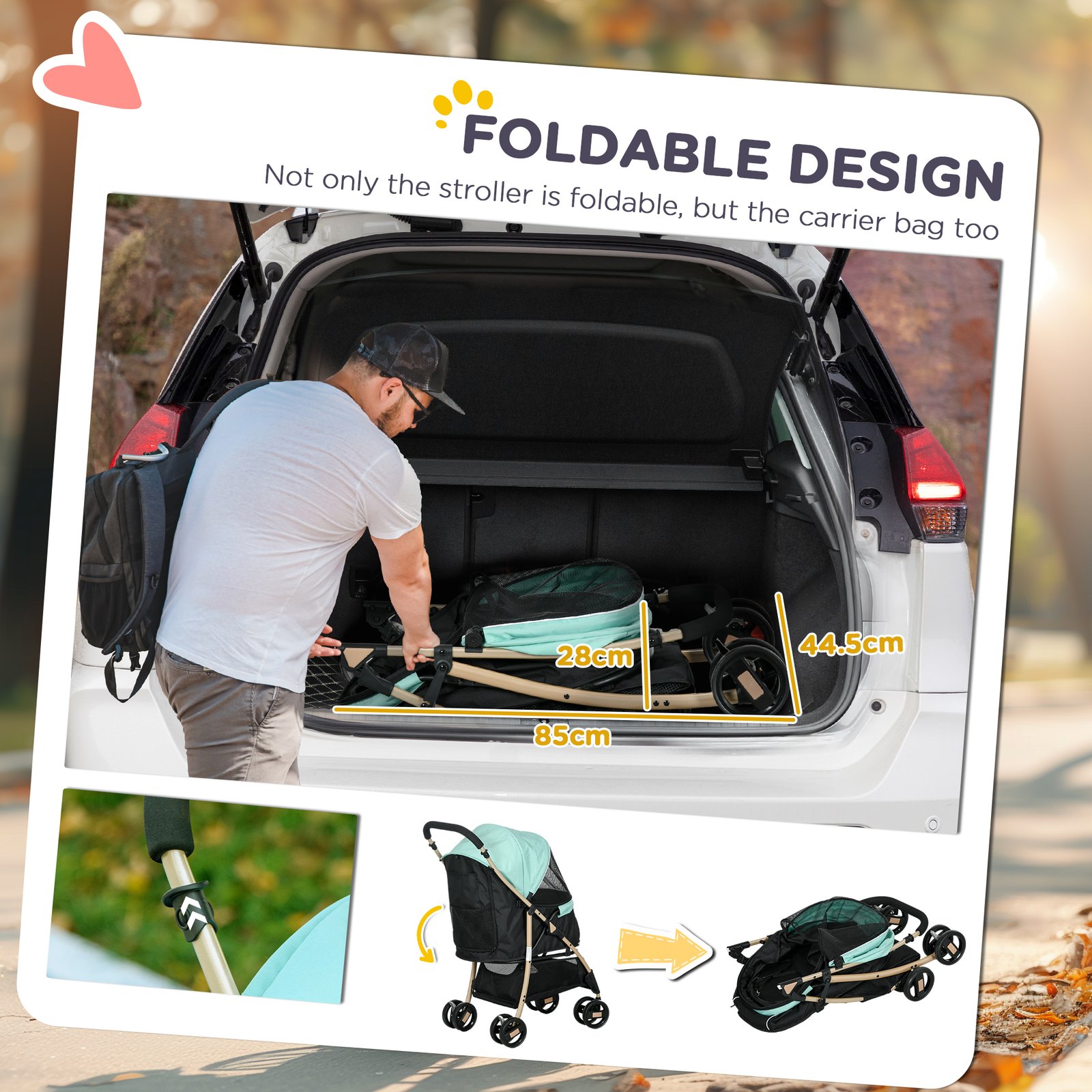 Pet Stroller for Small and Miniature Dogs, with Rain Cover - Green - Image 5