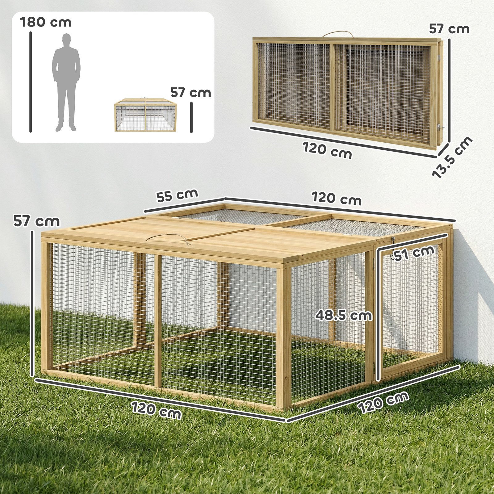 Wooden Folding Rabbit Hutch, for 2-3 Rabbits - Natural Wood - Image 3