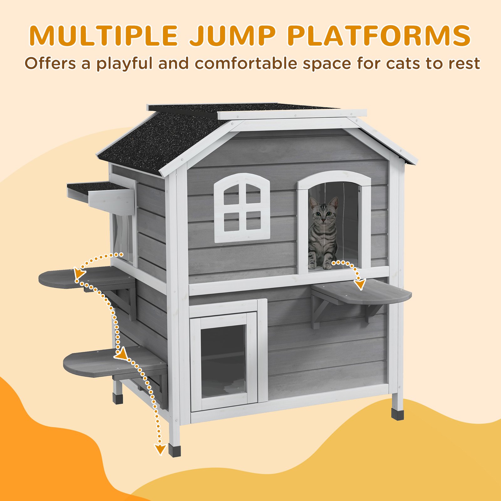  2-story Cat House Outdoor, Weatherproof Wooden Cat Enclosure with Escape Door, Openable Roof, Jumping Platforms, Grey
