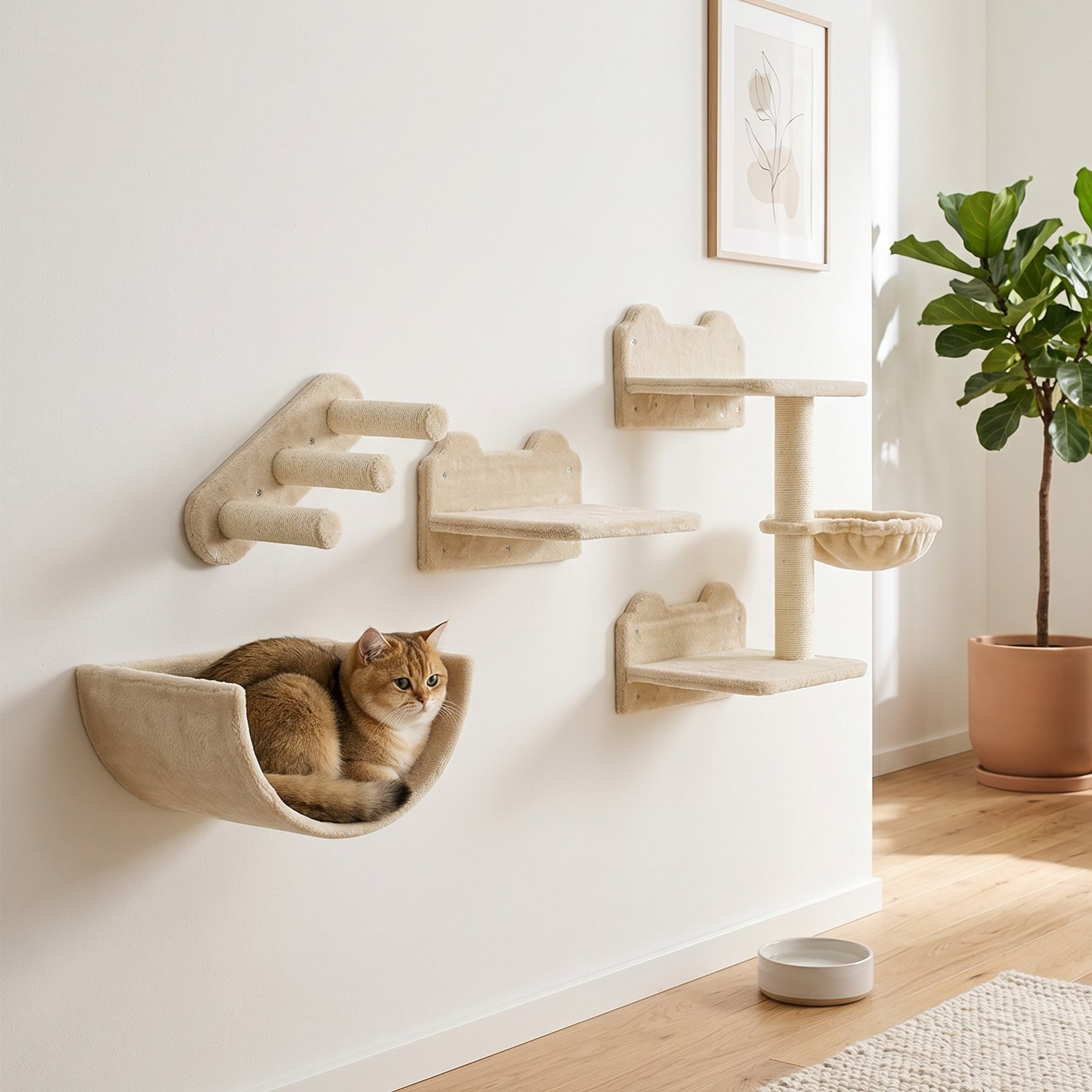 4PCs Wall-Mounted Cat Shelves w/ Scratching Post, Hammock, Nest - Beige