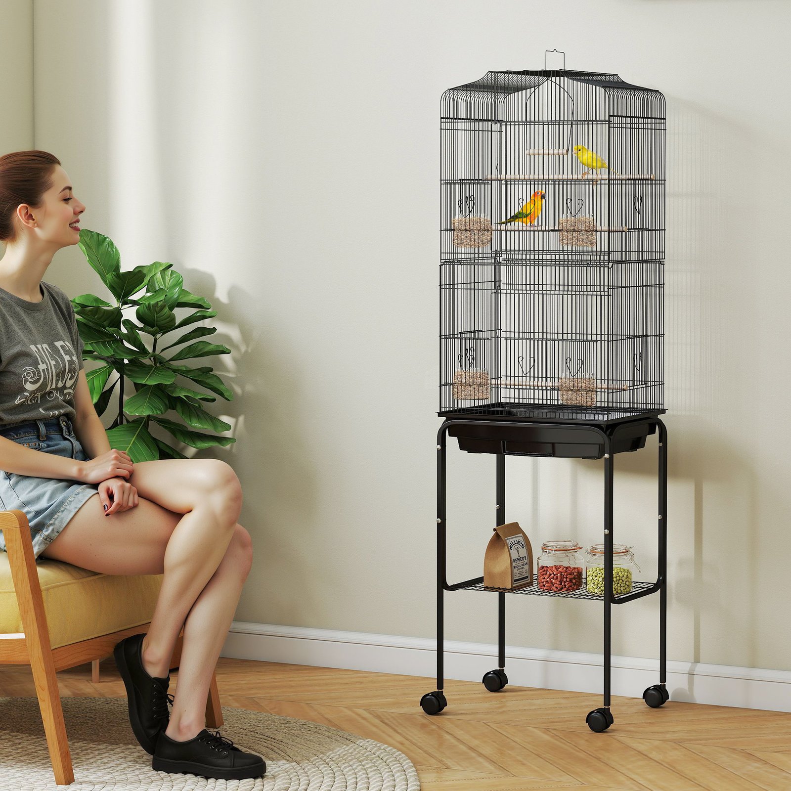 Bird Cage Budgie Cages for Finch Canary Parakeet with Stand Wheels Slide-out Tray Accessories Storage Shelf, Black 46.5 x 36 x 157 cm