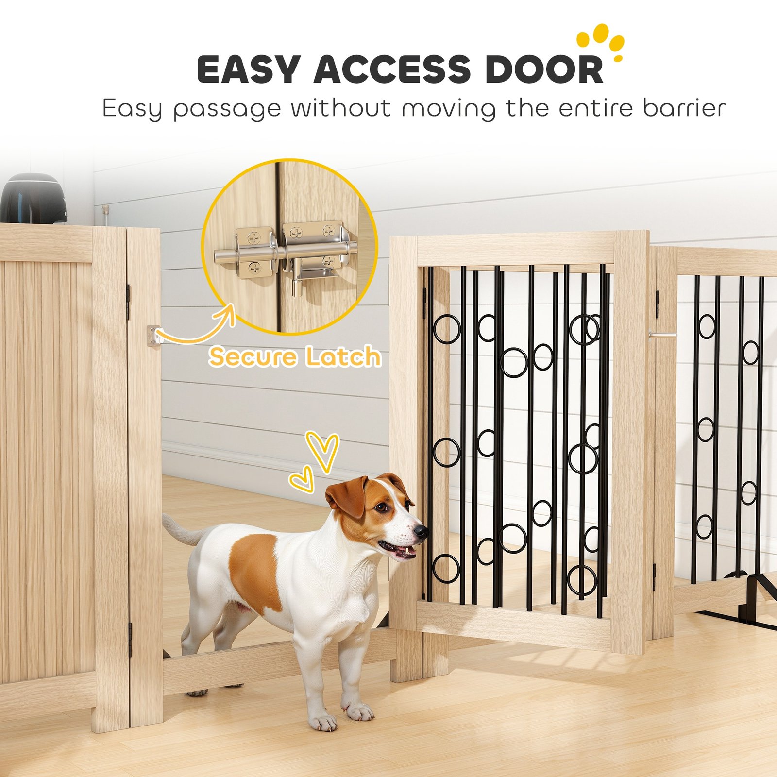 4 Panel Freestanding Pet Gate, Indoor Dog Barrier with Lockable Door, Support Feet, 360° Flexible Hinges, Oak