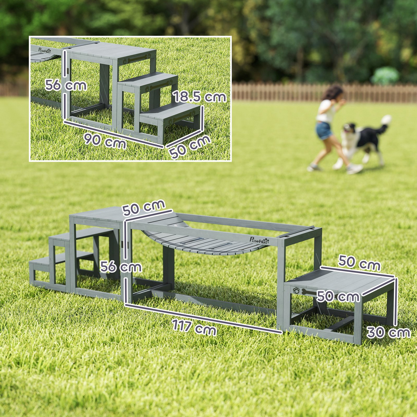 3 Pieces Wooden Dog Agility Training Equipment with Soft Bridge, Pause Platform and Pet Stair for Outdoor, Grey