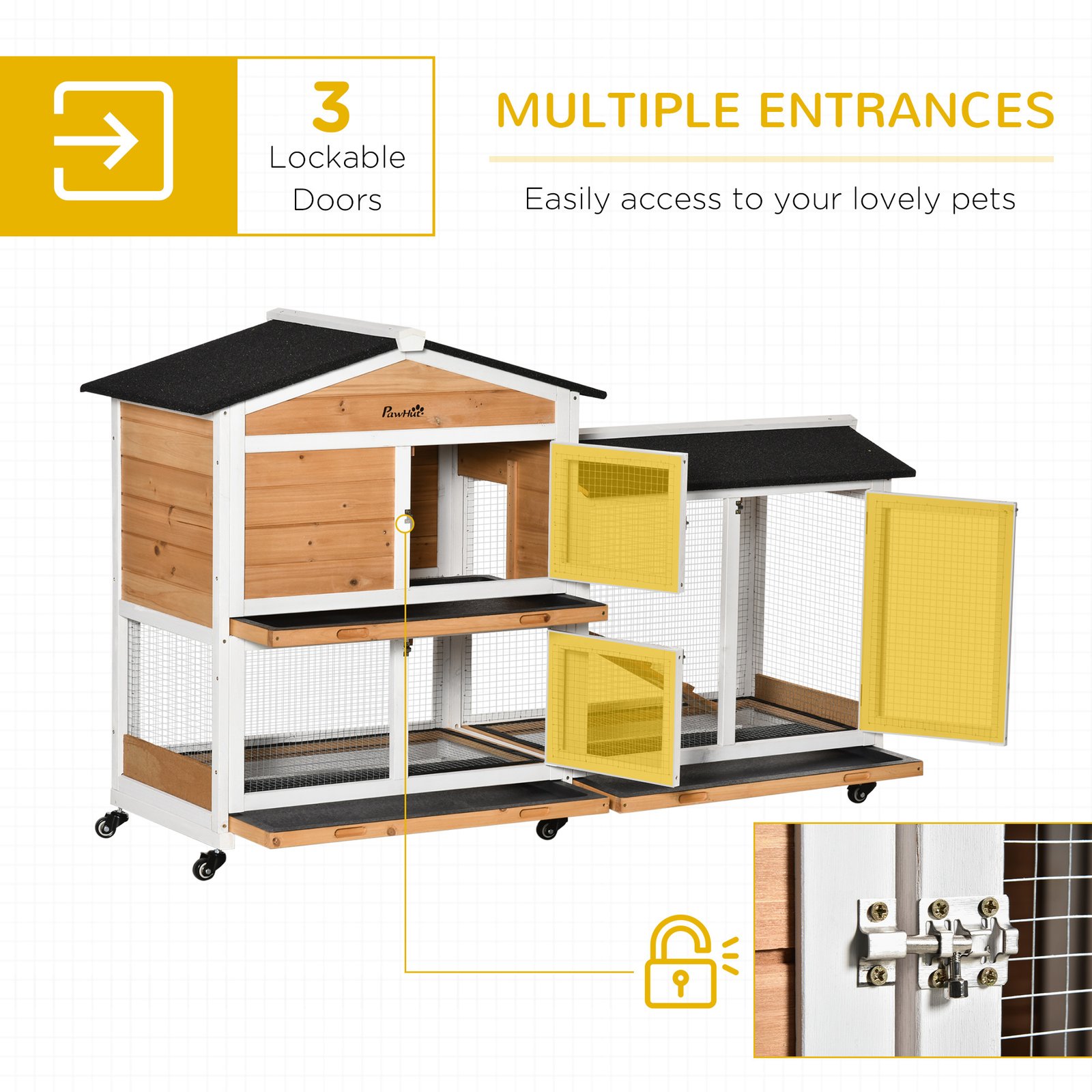 Rabbit Hutch Outdoor with Run Guinea Pig Hutch 2-Tier Bunny Cage w/ Wheels No-Leak Plastic Tray 157.4 x 53 x 99.5 cm - Yellow
