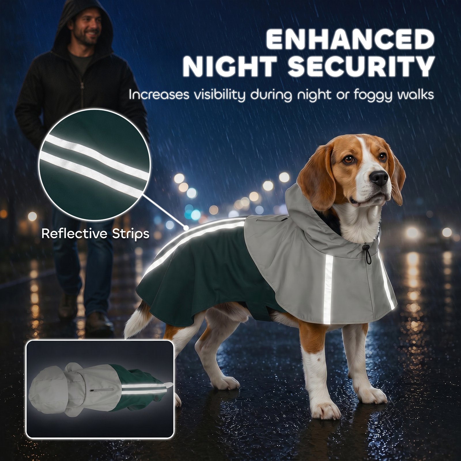 Dog Raincoat with Hood, Waterproof & Breathable Rain Jacket with Leash Hole, for Medium Dogs, Green, M