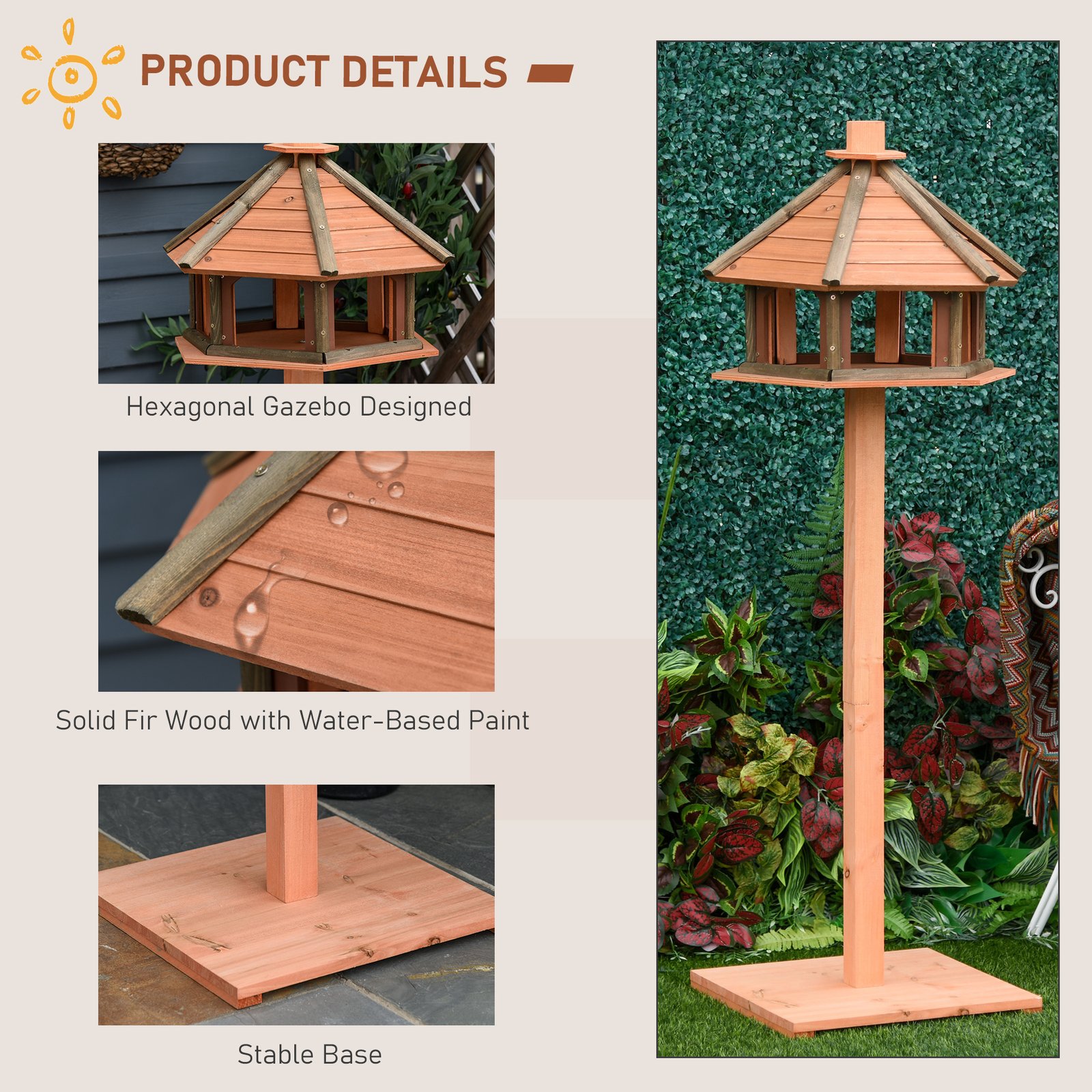 130cm Wooden Bird Table, Feeding Station with Roof for Outdoor, Brown