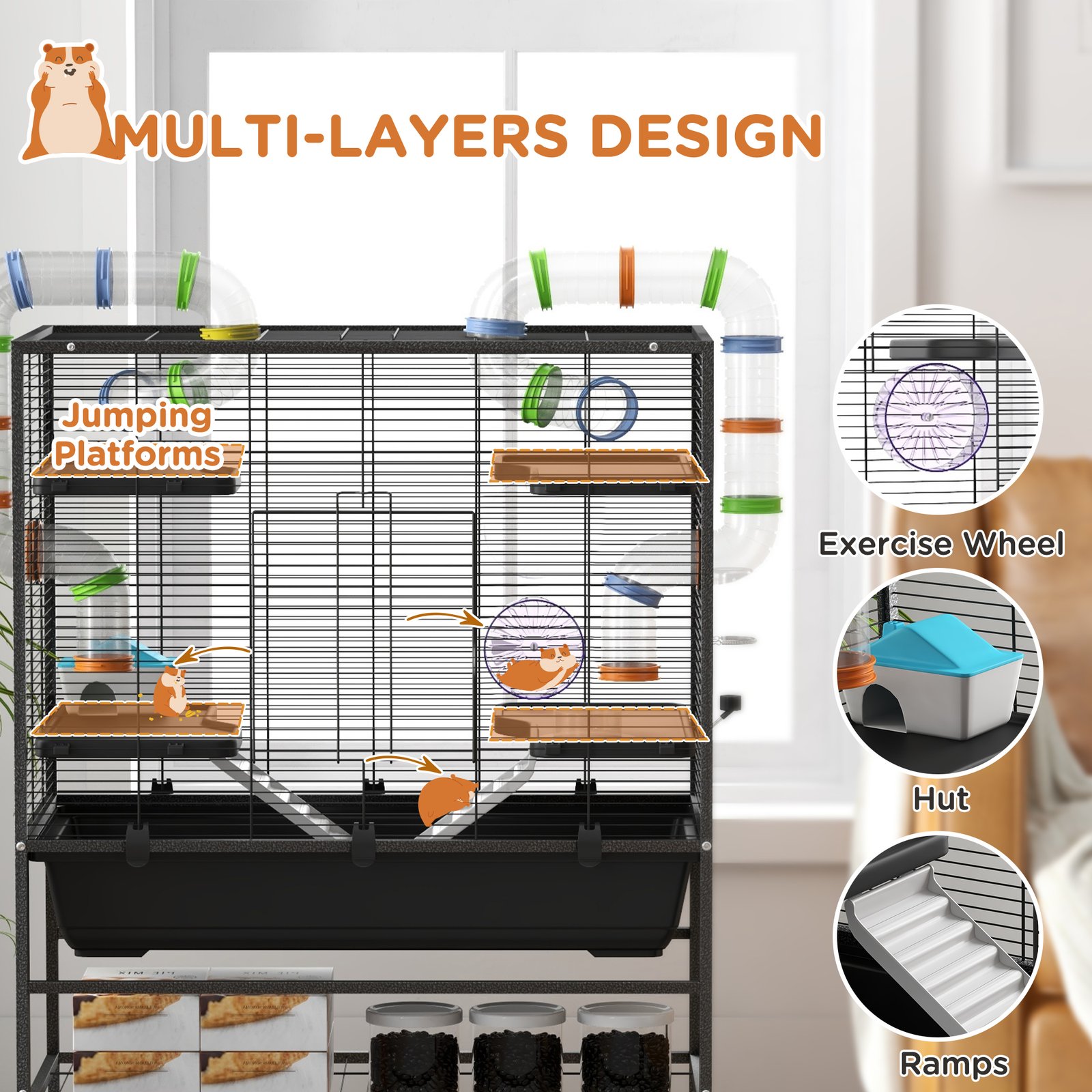 Large Hamster Cage, Gerbil Cage with Tubes, Storage Shelf, Ramps, Platforms, Running Wheel - Black - Image 5