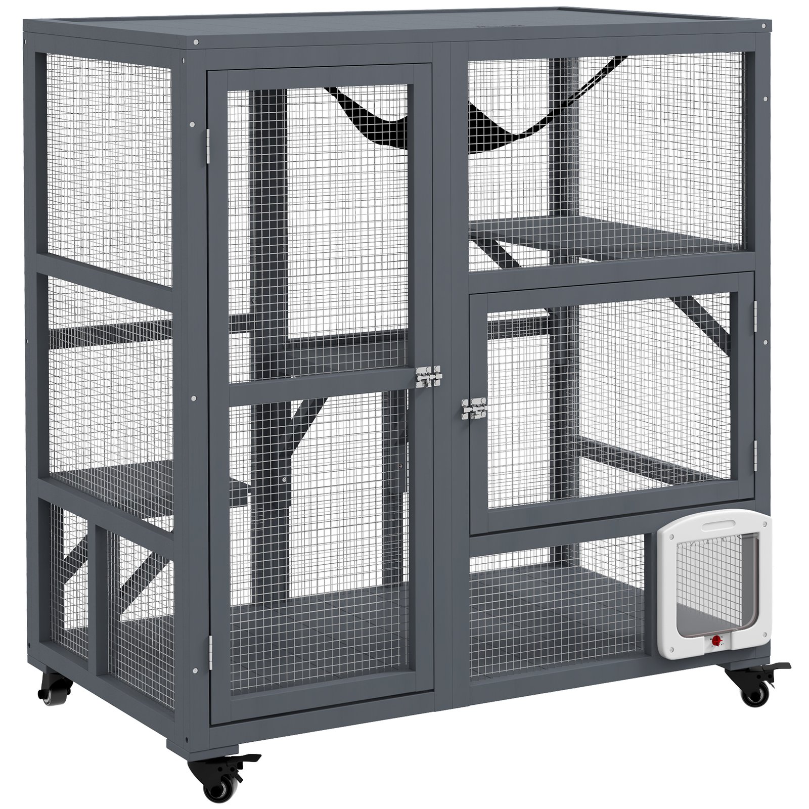 Cat House, Wooden Indoor Catio Cat Enclosure on Wheels, Wooden Kitty Cage with Platforms, Hammock, Light Grey