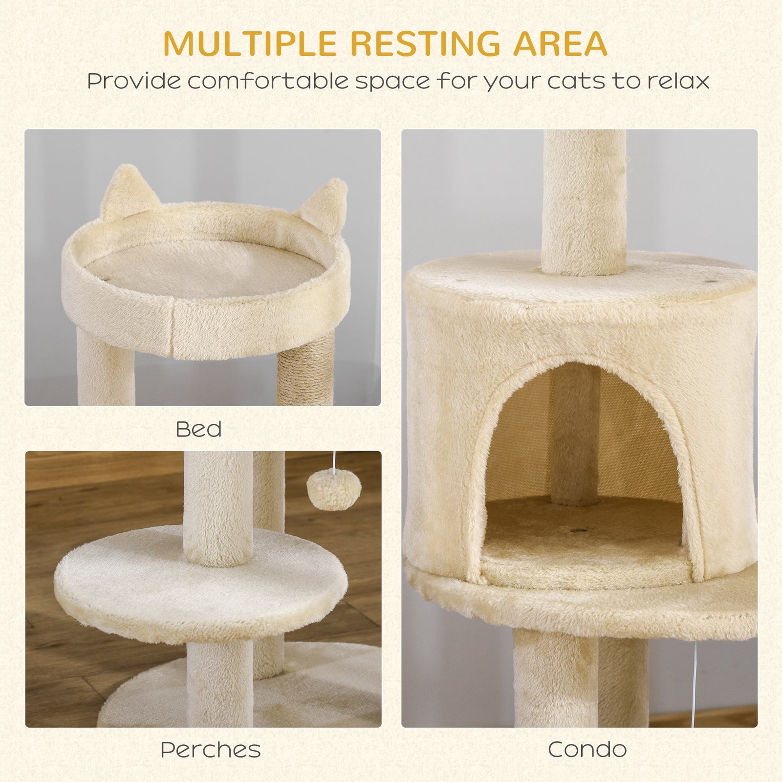 104 cm Cat Tree, Cat Condo Tree Tower, Cat Activity Centre with Scratching Posts, Plush Perches, Hanging Ball - Cream White