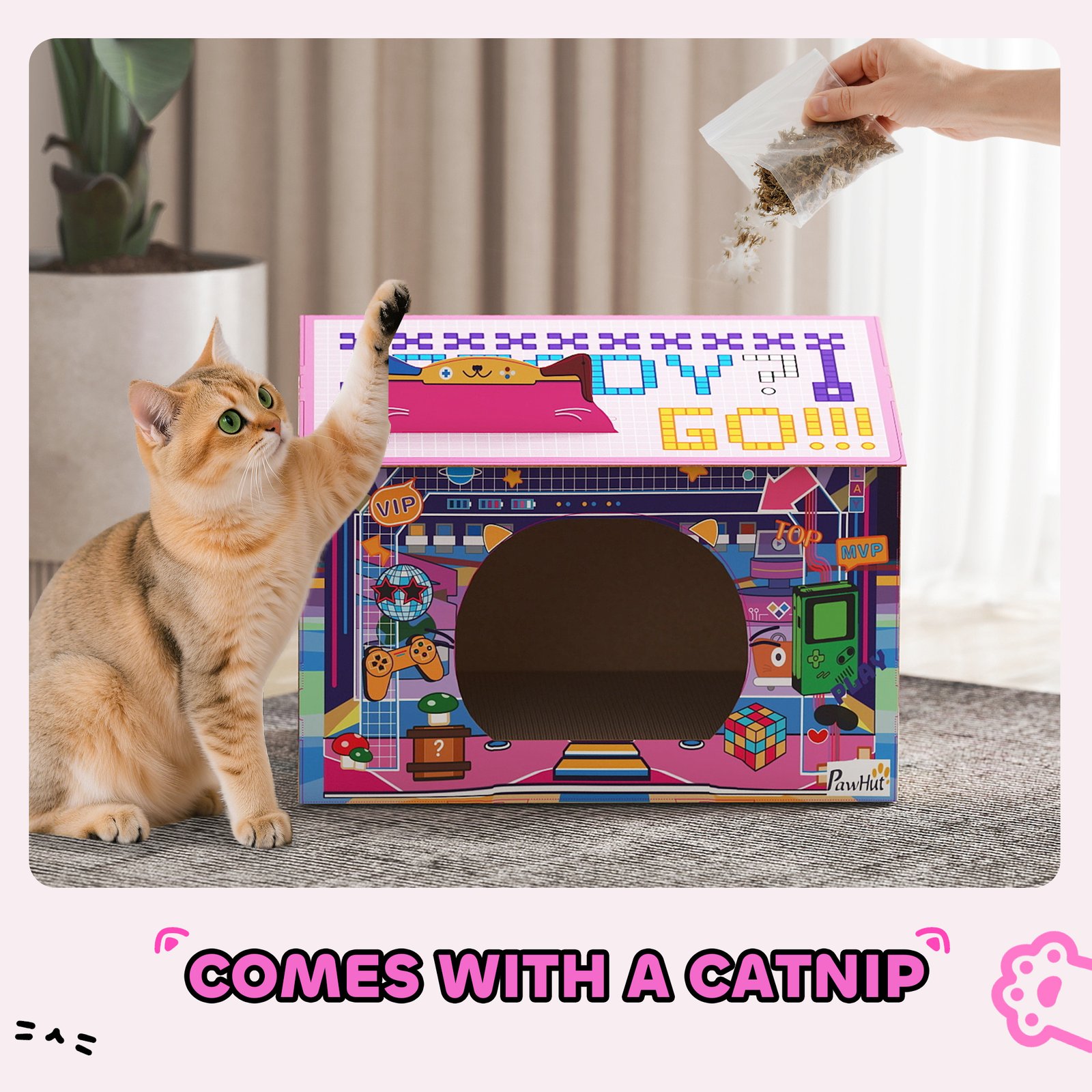 2 in 1 Gaming Style Cardboard Cat House with Scratching Board & Catnip for Indoor Cats, Pink