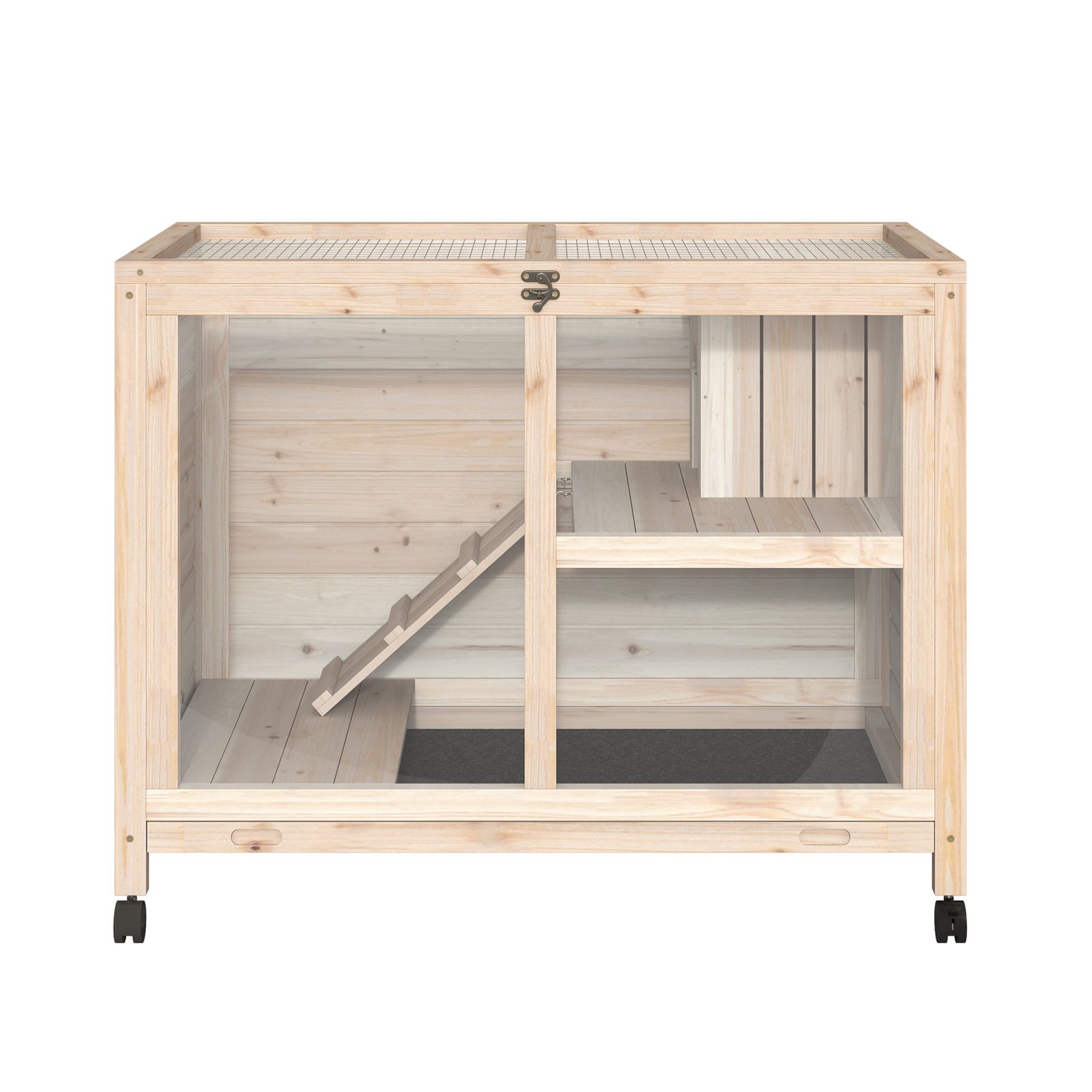 Rabbit Hutch Indoor with Wheels, Wooden Guinea Pig Hutch Hamster Cage, 2 Layers Bunny Cage with Openable Roof, Transparent Panel, 91.5 x 53.3 x 73 cm, Natural