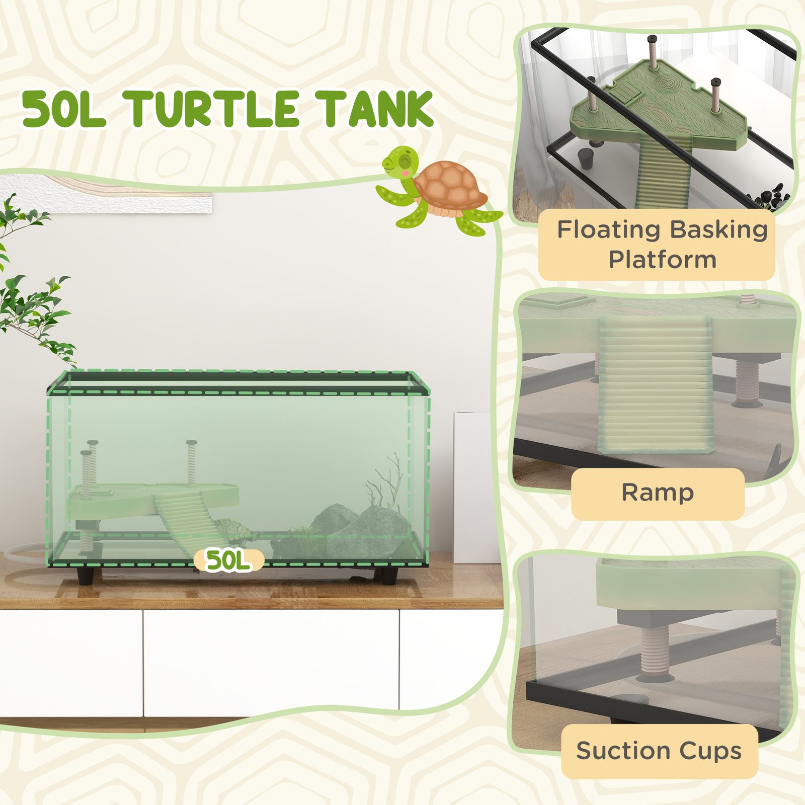 50L Glass Turtle Tank Aquarium with Basking Platform, Easy Drainage, Strip Patch Thermometer