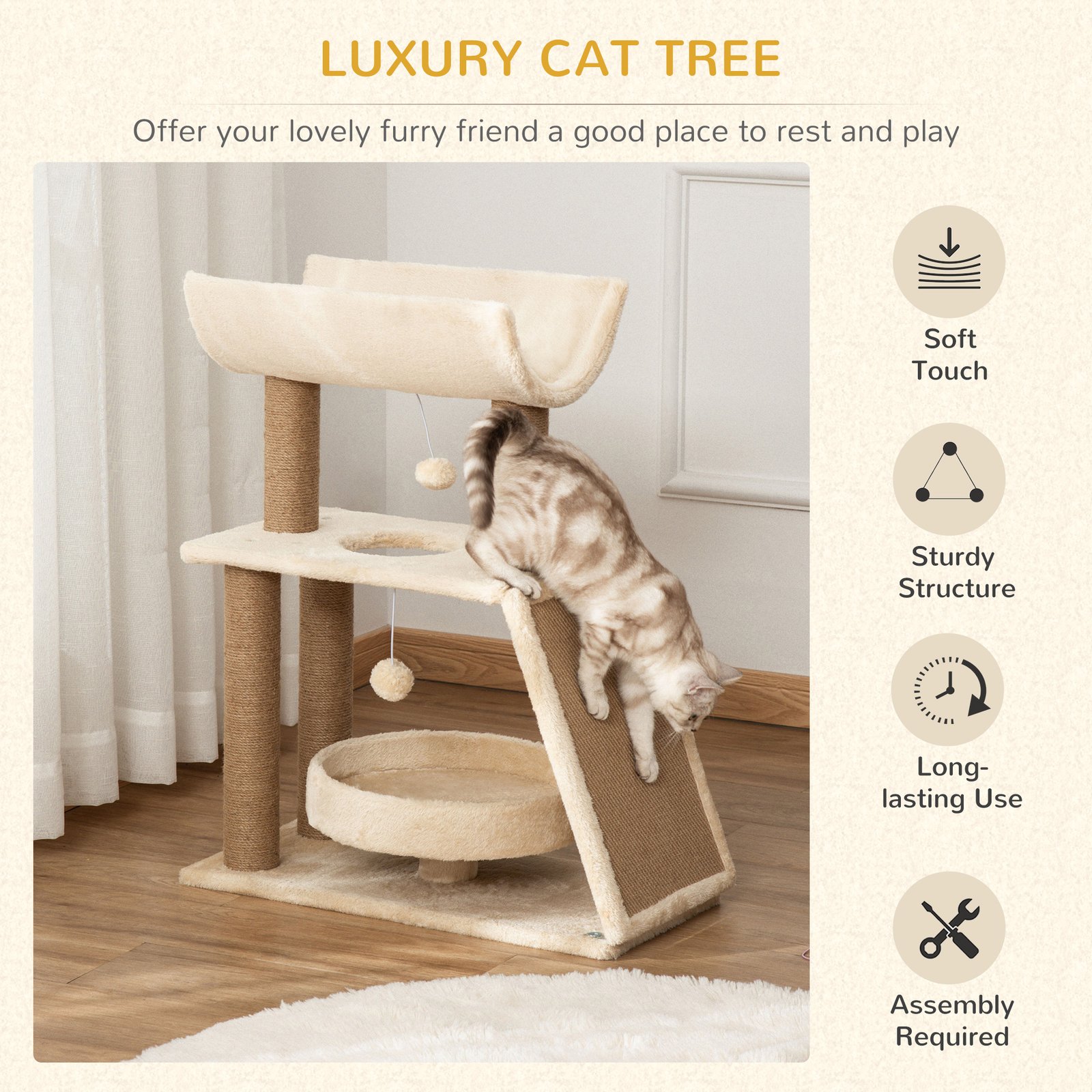 Cat Tree Tower, with Scratching Posts, Pad, Bed, Perch, Toy Ball - Light Brown - Image 4