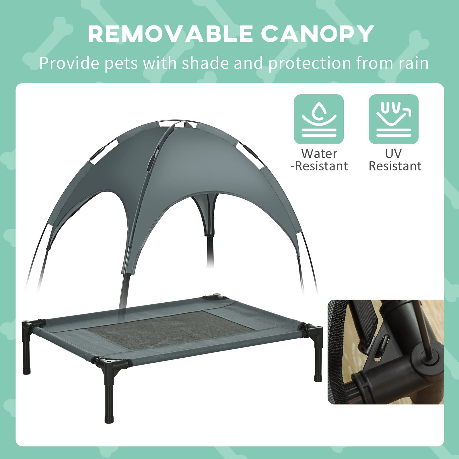 Outdoor Dog Bed with Removable Canopy, Portable Raised Dog Bed for Camping, Garden & Beach, Water-Resistant UV-Protection Mesh Pet Cot Sun Lounger, for Medium Pets, 76 x 61 x 73 cm, Grey - Image 6