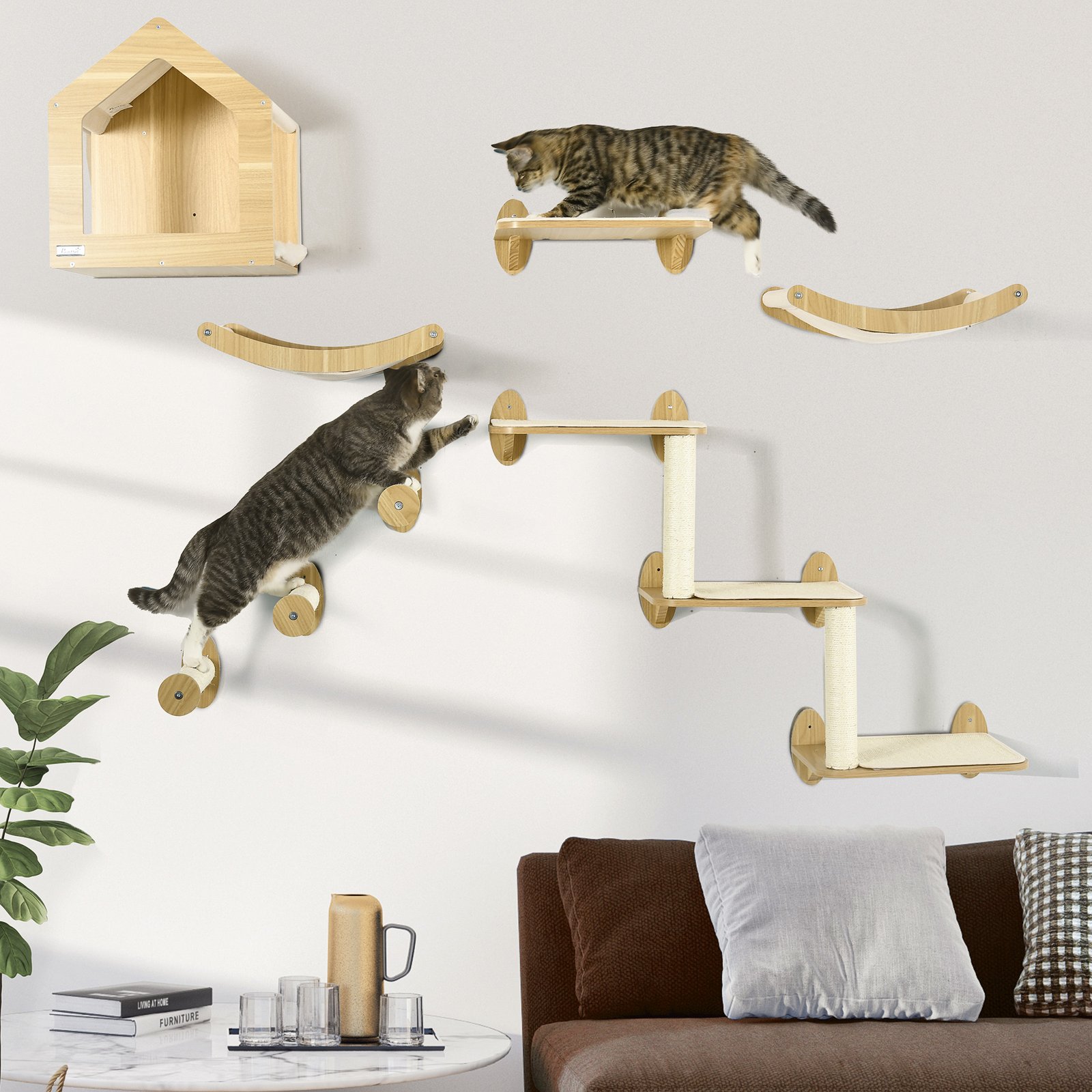 8 Piece Cat Shelves Set, with Cat House, Three Perches, Three Scratching Posts - Image 9