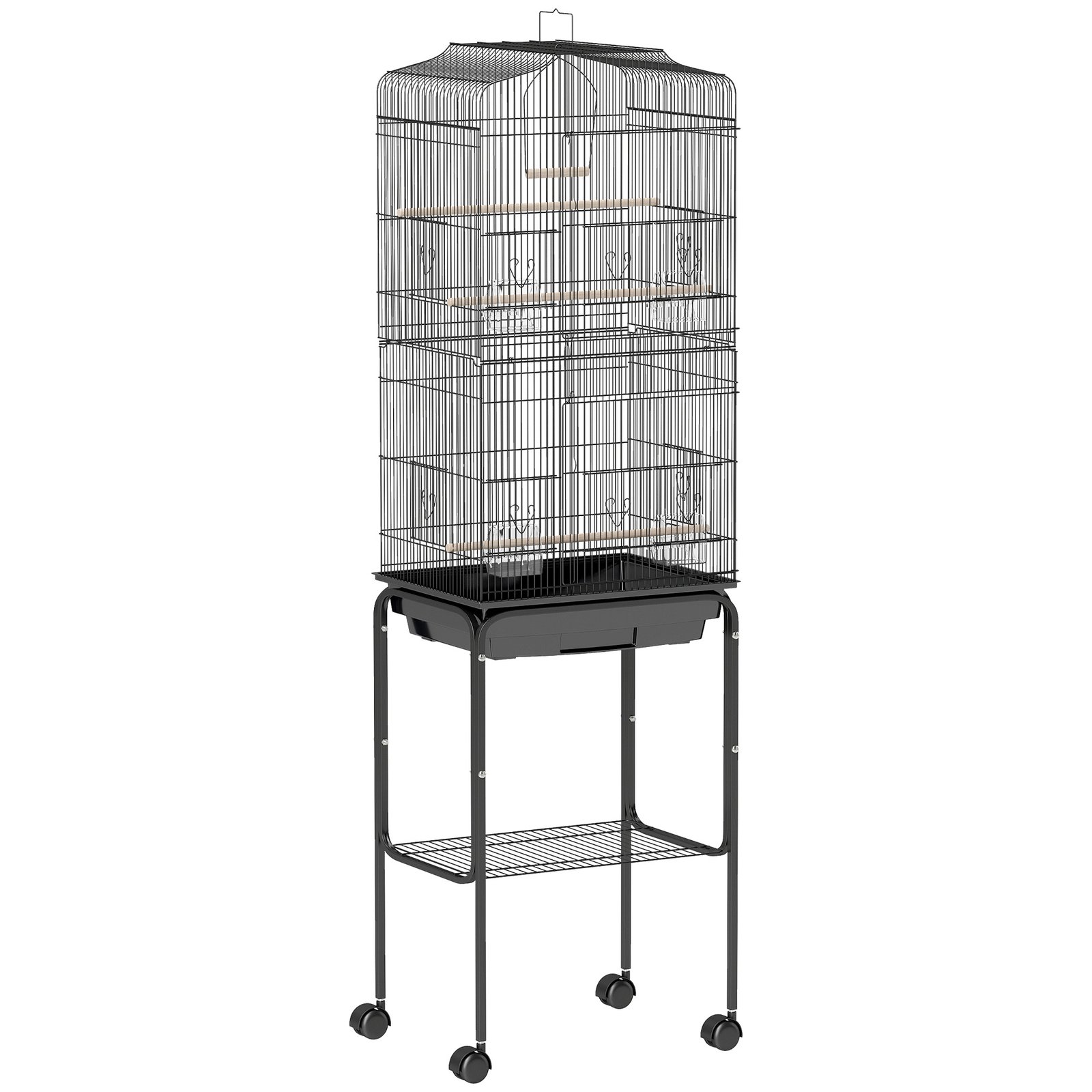Bird Cage Budgie Cages for Finch Canary Parakeet with Stand Wheels Slide-out Tray Accessories Storage Shelf, Black 46.5 x 36 x 157 cm