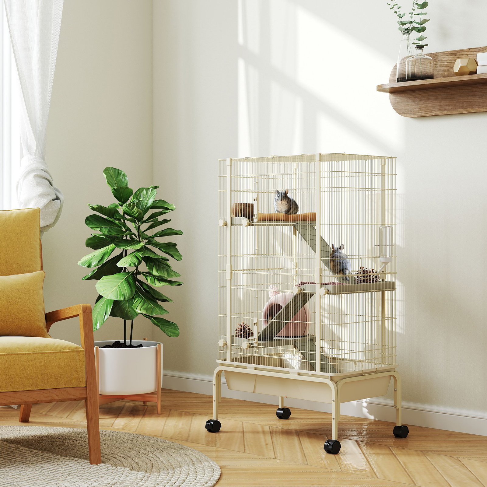 4-Level Rolling Small Animal Cage, Rabbit Cage with 3 Ramps, Water Bottle, Food Dish, 15cm Deep Tray, Beige - Image 9