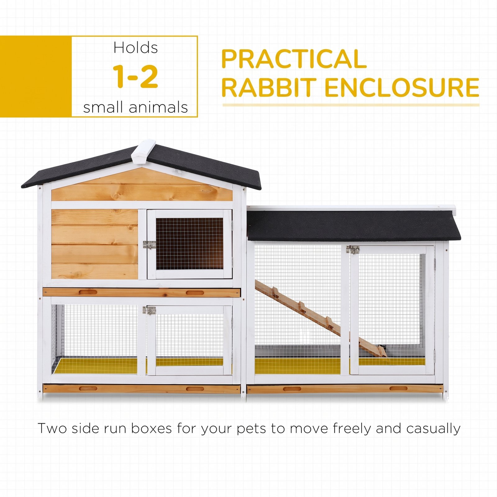 Rabbit Hutch Guinea Pig Hutch Wooden House with Run, 2 Tier Pet Cage Outdoor with No-leak Plastic Trays, 157.4 x 53 x 93.5cm, Yellow