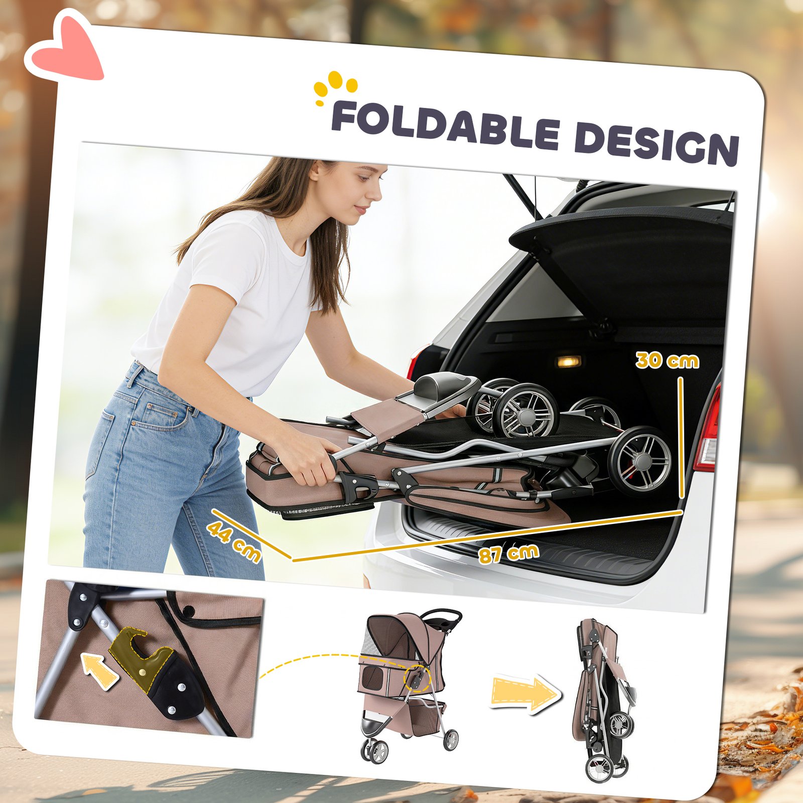 Dog Stroller, 3 Wheels Foldable Pet Stroller with Adjustable Canopy, Storage Basket for Small Mini Breeds, Coffee - Image 5