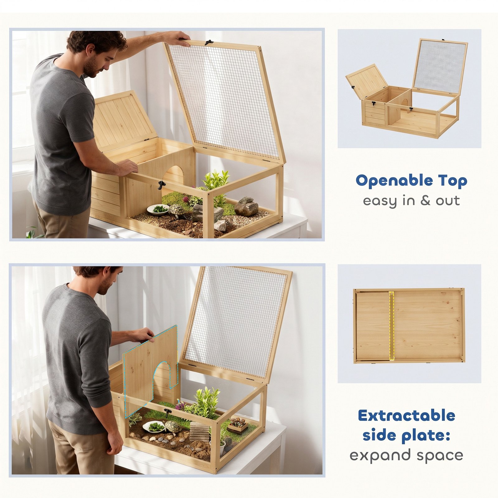 Tortoise House, Small Reptile Wooden House, with Mesh Roofs, Side Panels, for Turtles