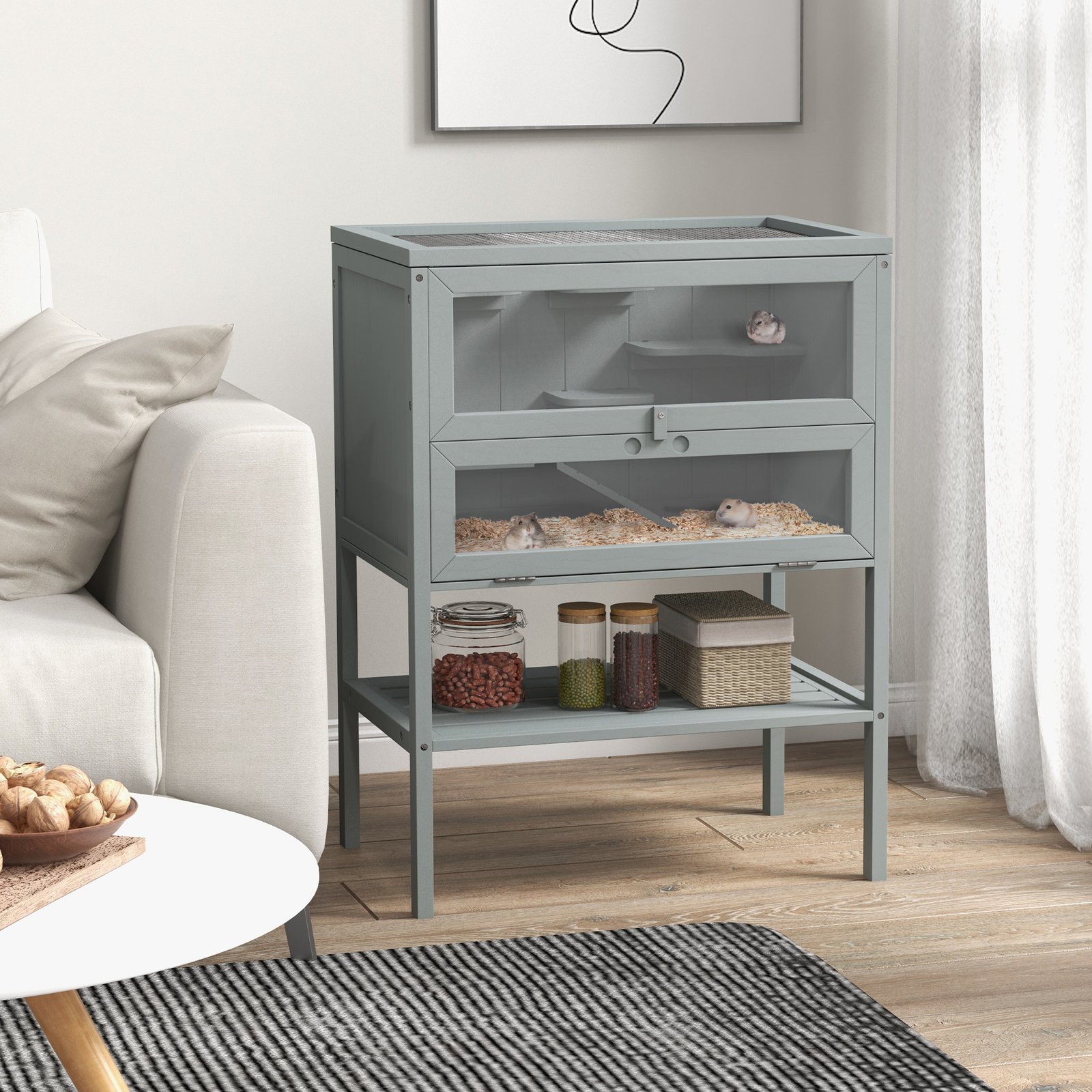 Wooden Hamster Cage 3 Tier House w/ Storage Shelf, Openable Top for Gerbils, Grey - Image 9