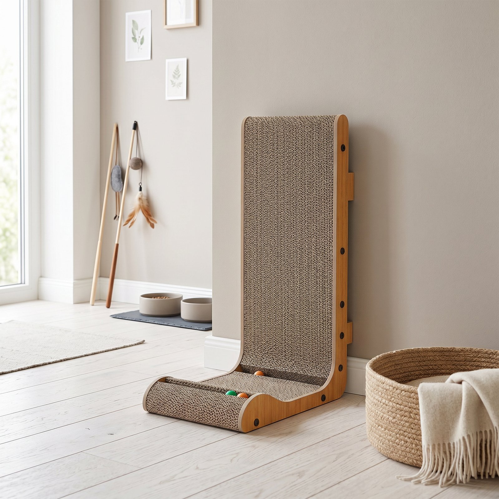 Cat Scratching Board Wall Mounted Cat Scratcher Corrugated 3 Toy Balls 39 x 23.5 x 57.5 cm Brown - Image 8