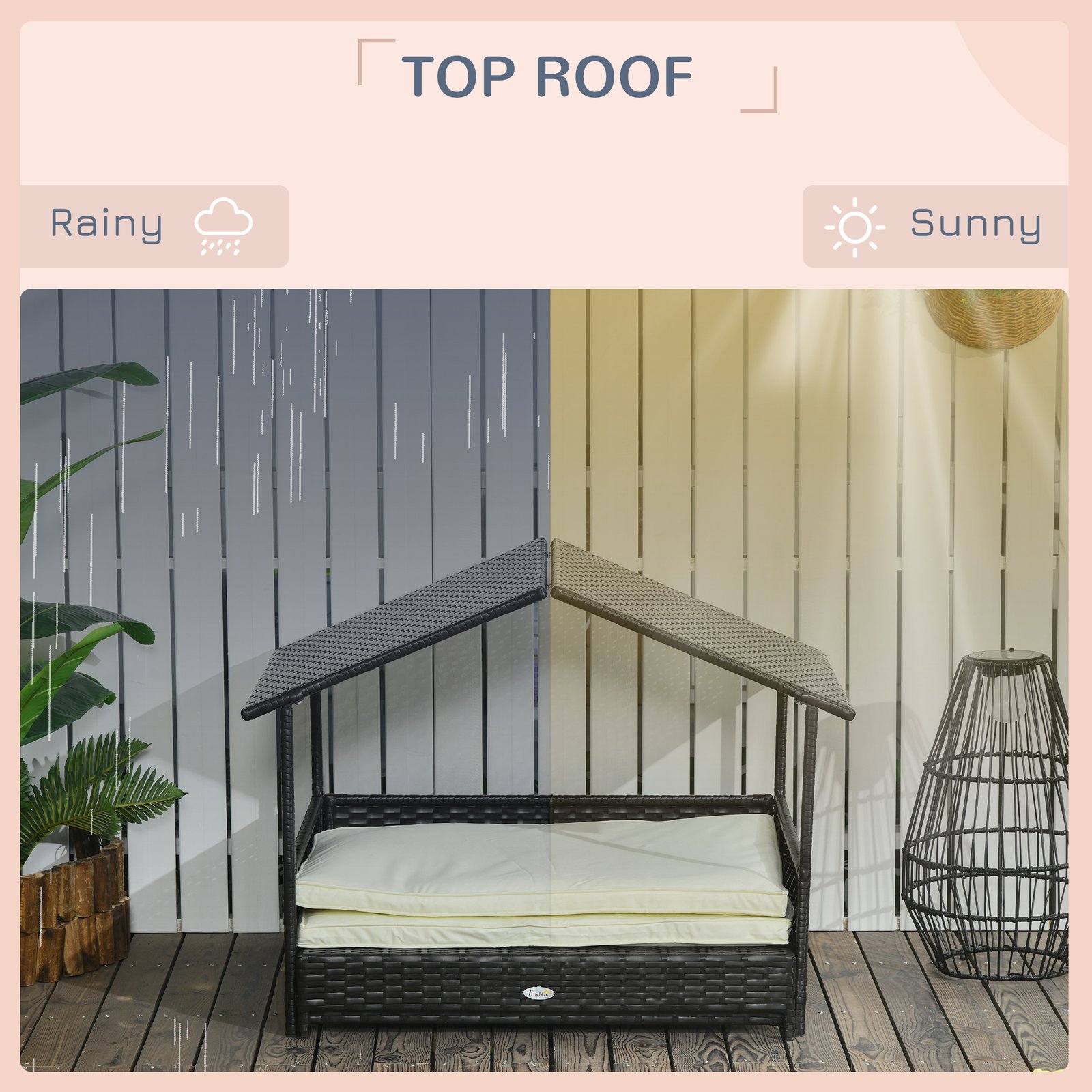 Extendable Elevated Dog Bed, Rattan Dog House, with Water-Resistant Roof, Removable Cushion, Cream - Image 6