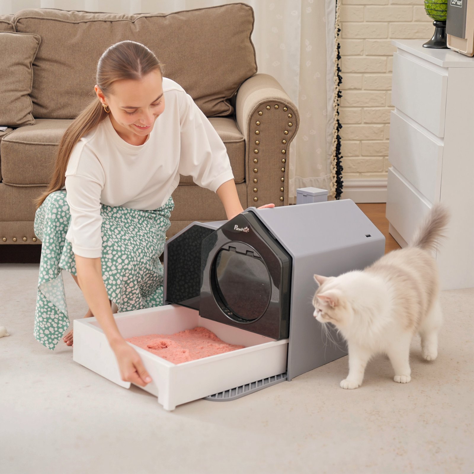 Hooded Cat Litter Tray with Scoop, Cat Litter Box with Drawer Pan, Handle, Deodorants, Hut Design, Front Entrance, 47 x 45 x 42cm - Grey