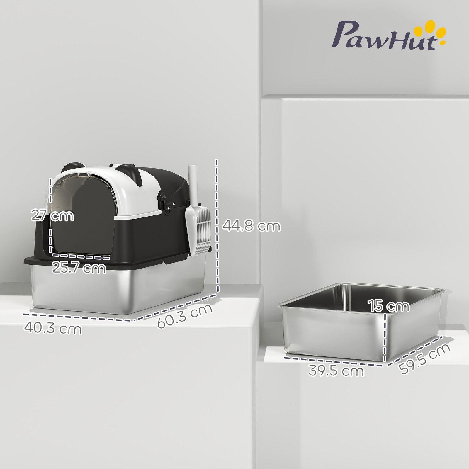 Panda Style XL Stainless Steel Cat Litter Box with Lid, Enclosed Kitty Litter Box with Scoop, 60 x 40 x 45 cm