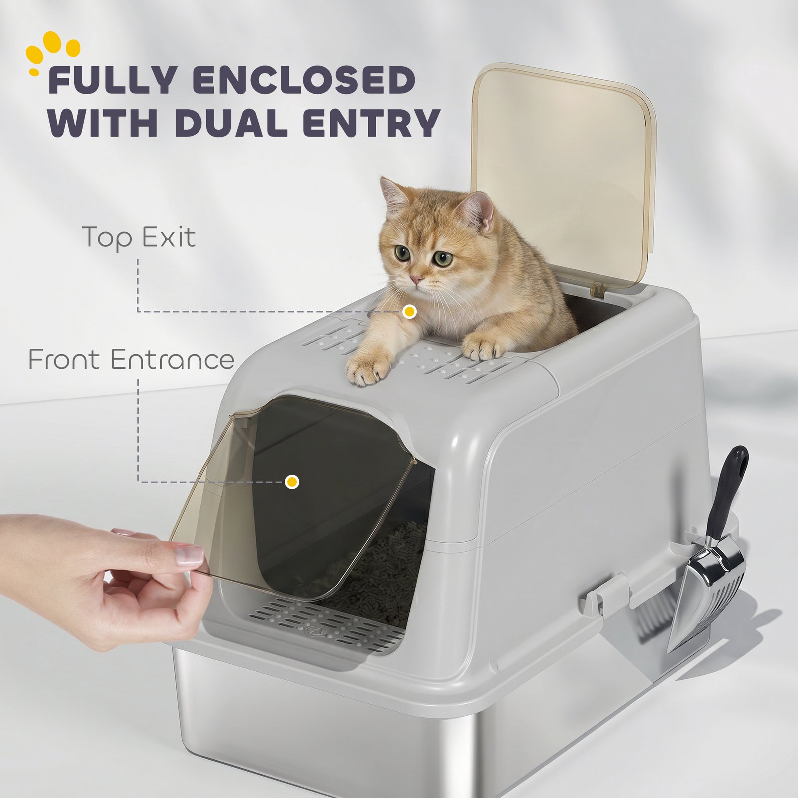 Extra Large Stainless Steel Litter Box, Enclosed Cat Litter Tray with Scoop, Deodorizer Bag, Front-Entry and Top-Exit