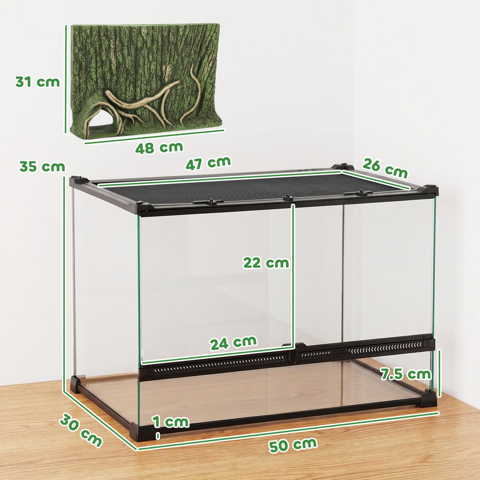 Reptile Glass Terrarium with Stone Background, Front Ventilation, Escape-Proof Knob Lock, 50 x 30 x 35 cm, Black - Image 2