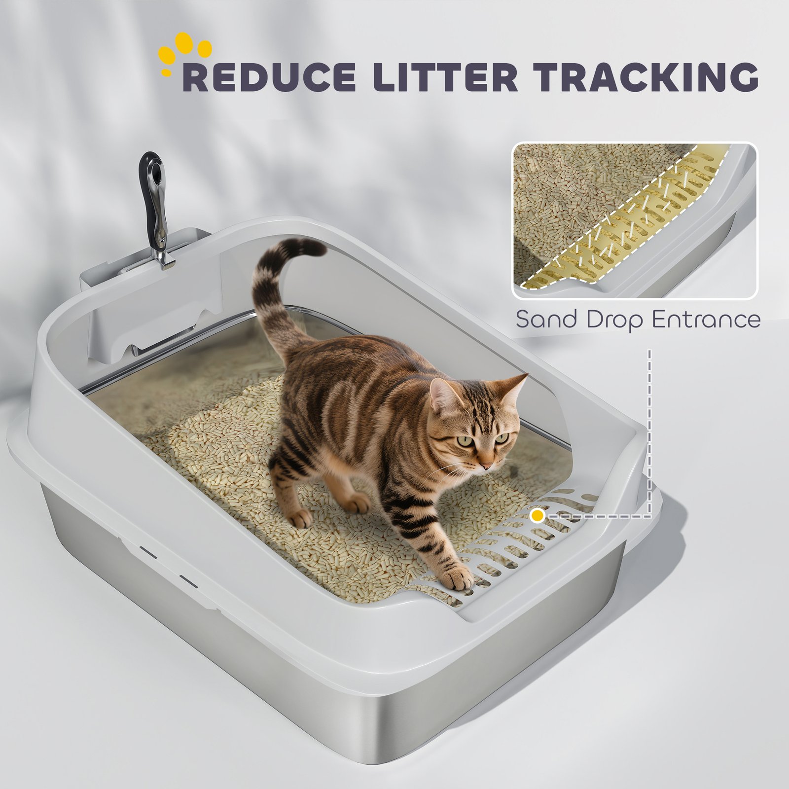 XL Stainless Steel Cat Litter Box with High Sides, Metal Scoop, 60 x 40 x 30 cm