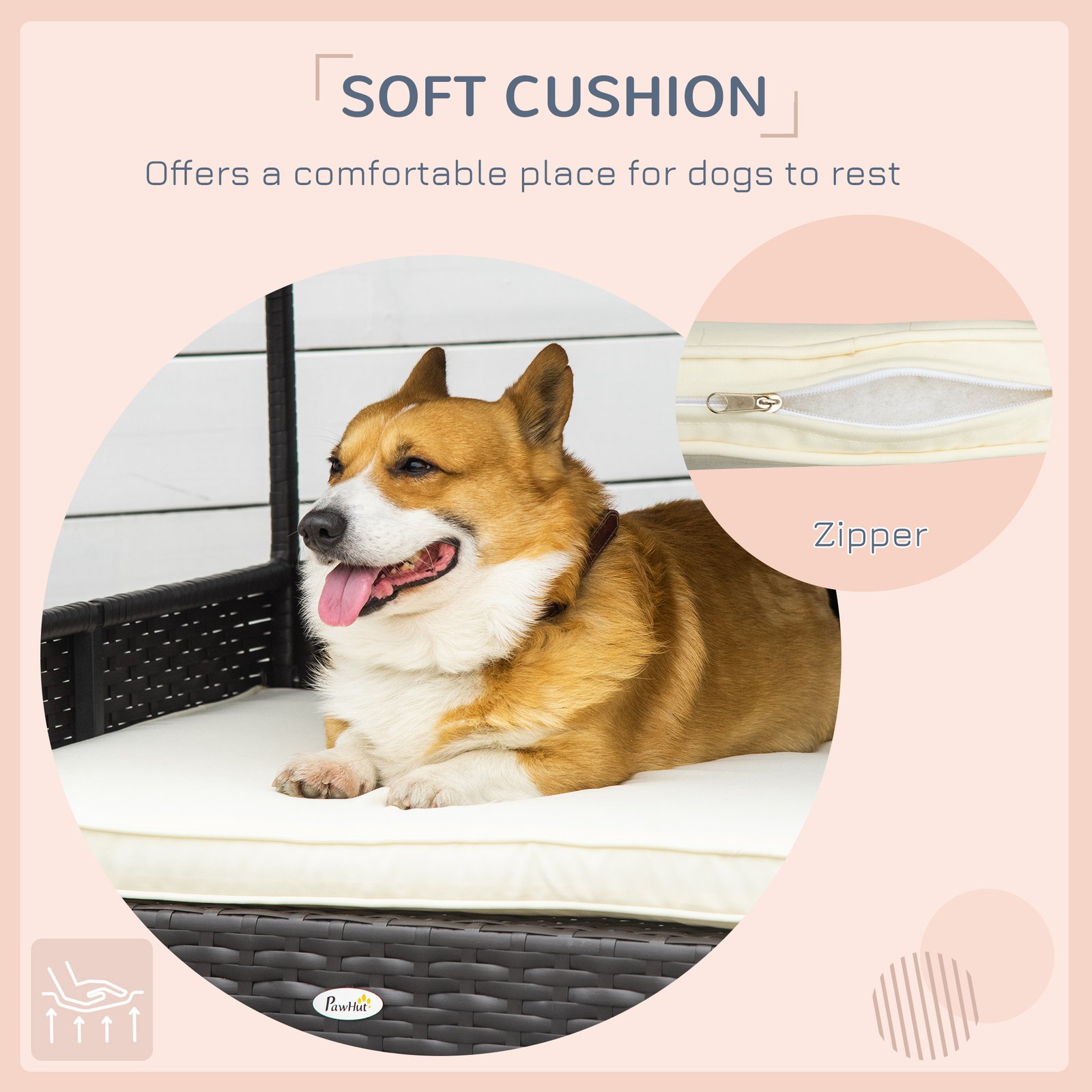 Wicker Dog House, Rattan Pet Bed, with Removable Cushion, Canopy, for Small and Medium Dogs - Cream
