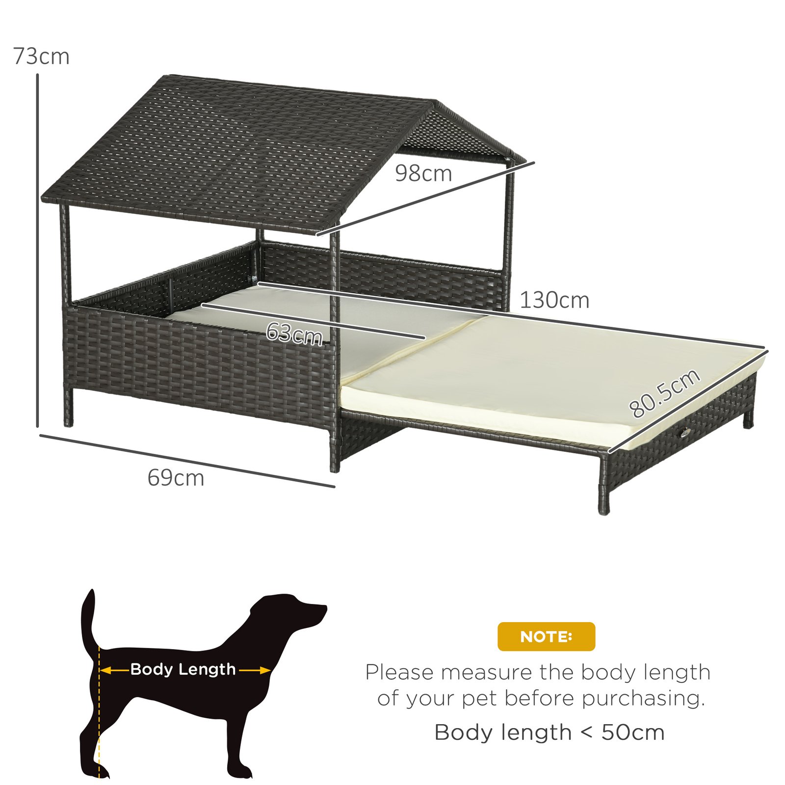 Extendable Elevated Dog Bed, Rattan Dog House, with Water-Resistant Roof, Removable Cushion, Cream - Image 3