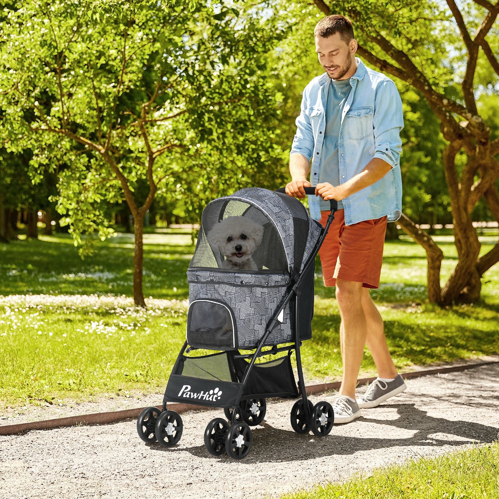 Foldable Pet Stroller for Dogs, Puppy Stroller, with Large Carriage, Brakes, Canopy - Grey